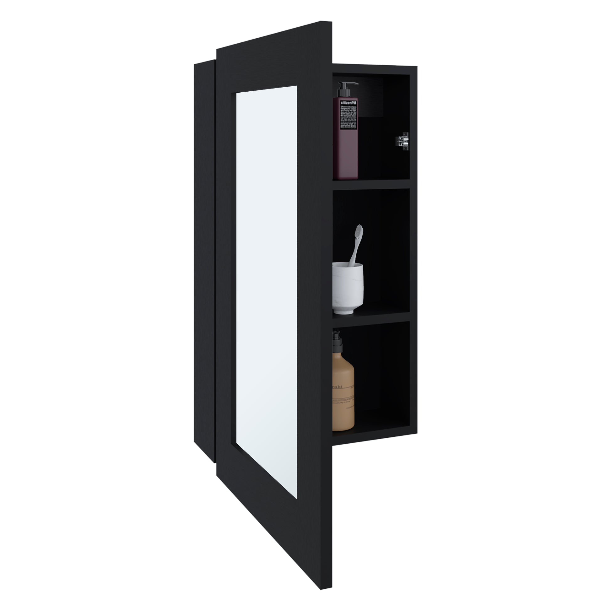 Juno 25.7" H X 15.7" W Narrow Mirror Medicine Cabinet, One Door With Three Interior Shelves For Bathroom, Kitchen Black Black Particle Board