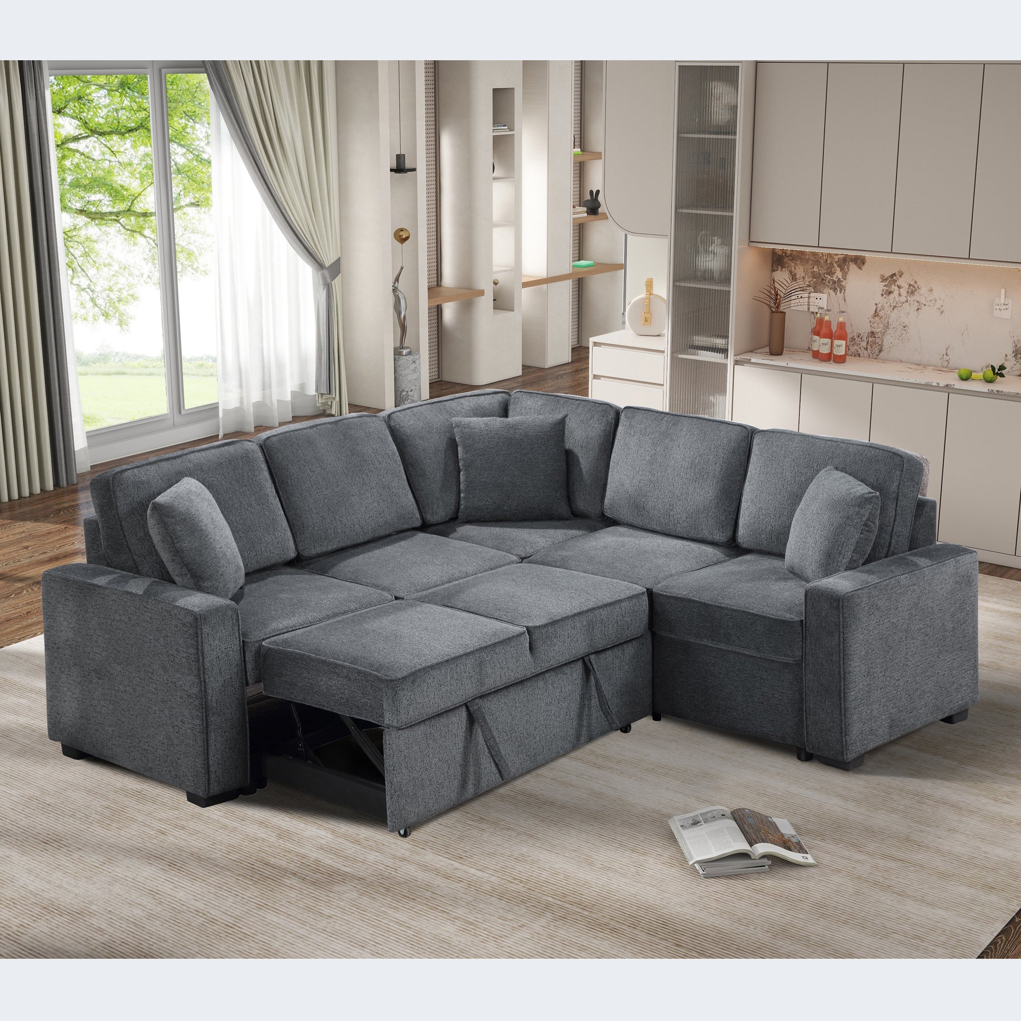 Modular Sofa, Sectional Couch L Shaped Sofa Couch With Pullout Sleeper, 5 Seat Chenille Corner Sofa For Living Room, 3 Pillows Included, Dark Gray Dark Gray Chenille Foam Plywood 5 Seat