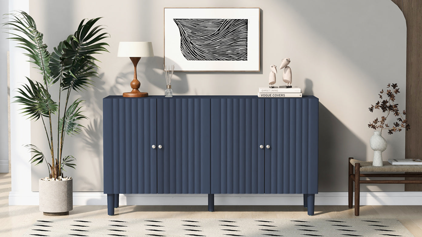 Elegant Four Door Sideboard With Wavy Pattern Doors, Cylindrical Legs, And Sleek Metal Handles, Adjustable, Suitable For Study, Entryway And Living Room Navy Blue Primary Living Space American