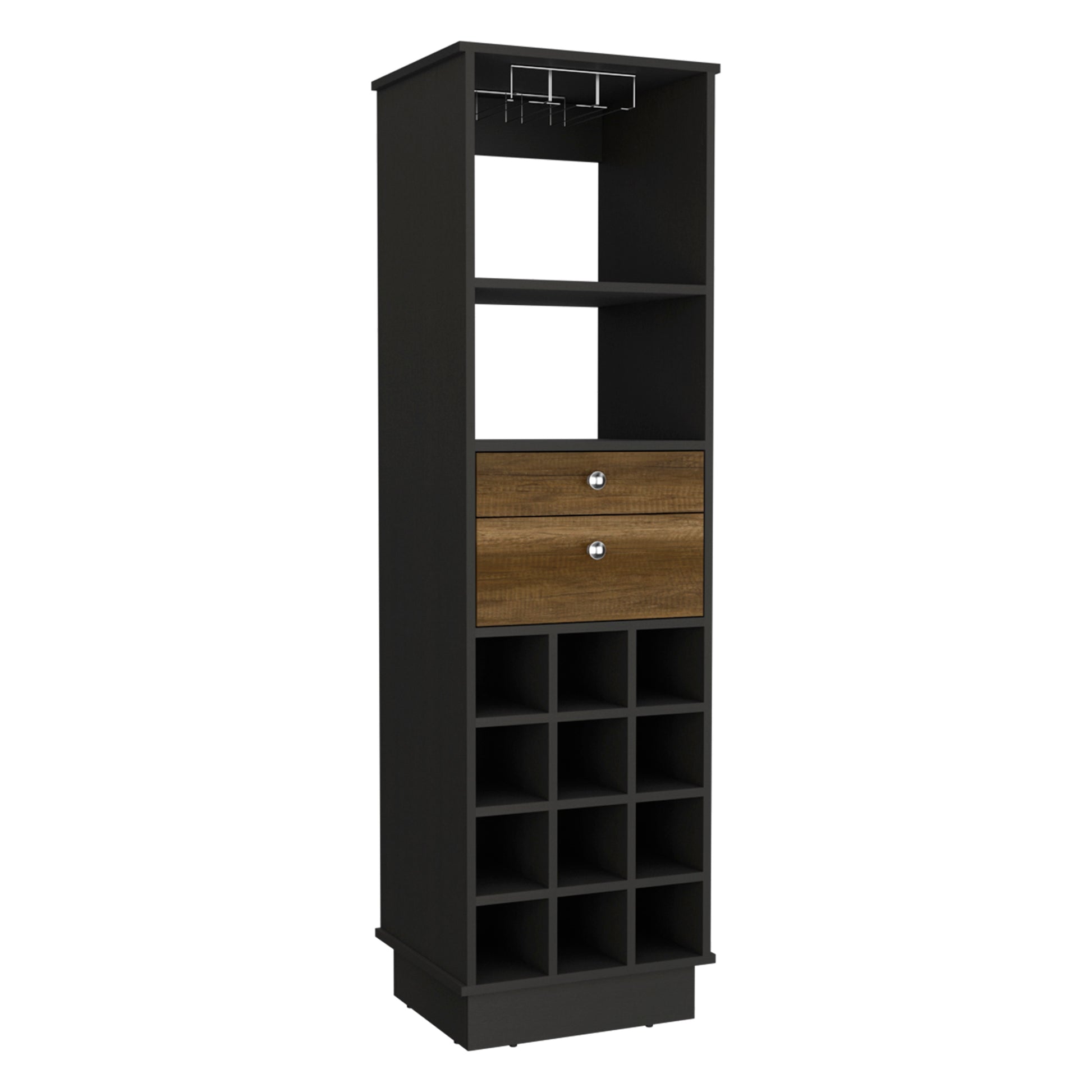 Classic Bar Cabinet, Two Drawers, Twelve Built In Wine Rack Black Walnut Multicolor Particle Board Particle Board