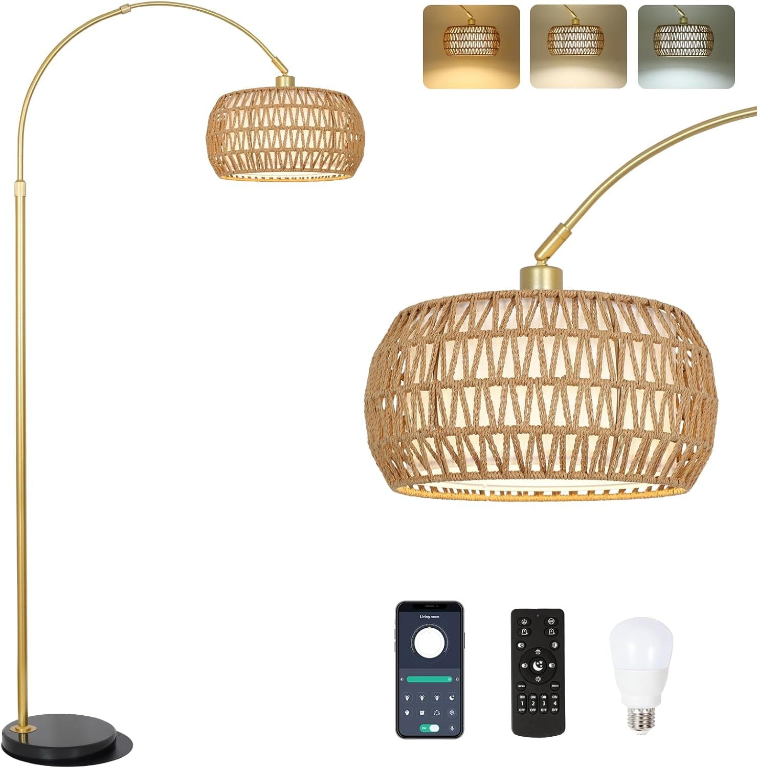 Gold Floor Lamps For Living Room, Arc Floor Lamp With Remote & Dimmable Bulb, Boho Rattan Standing Lamp With 3 Color Temperatures, Height Adjustable Tall Lamp For Bedroom, Over Couch Reading Lamp Brown Black Rattan Metal