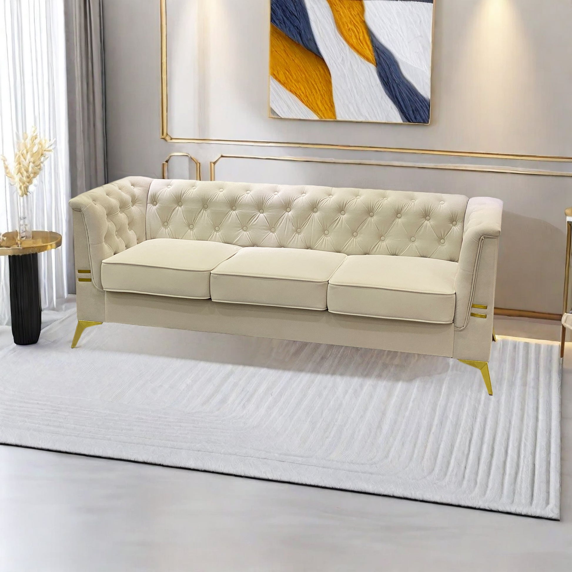 Fx P83 Cw Sofa Modern Velvet Living Room Chesterfield Design 82.7Inch Wide Sofa Cream White Color Beige Velvet 3 Seat
