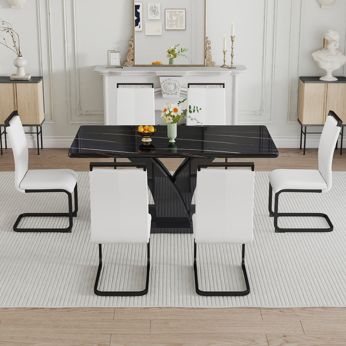 Table And Chair Set, Modern Dining Table, Black Tabletop And Black Mdf Leg Table, Soft And Comfortable Dining Chair, Perfect For Dinner, Meetings, Home And Office Decor White Black Mdf