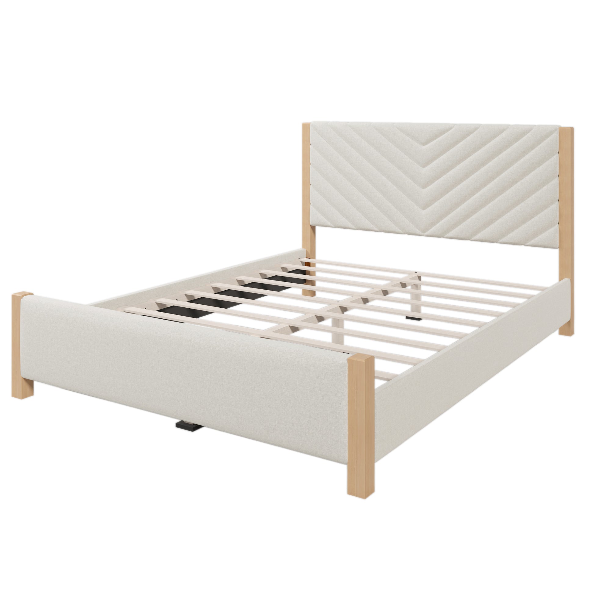 Modern Mid Century Queen Upholstered Platform Bed Frame With Tufted Headboard And Solid Wood Legs,No Box Spring Needed,Beige Box Spring Not Required Queen Beige Wood Bedroom Mid Century Modern,Modern Bed Frame Linen Wood