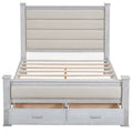 Queen Size Wood Frame Platform Bed With Upholstered Headboard, Footboard And 2 Drawers, Antique White Box Spring Not Required Queen Antique White Wood Bed Frame Solid Wood Mdf