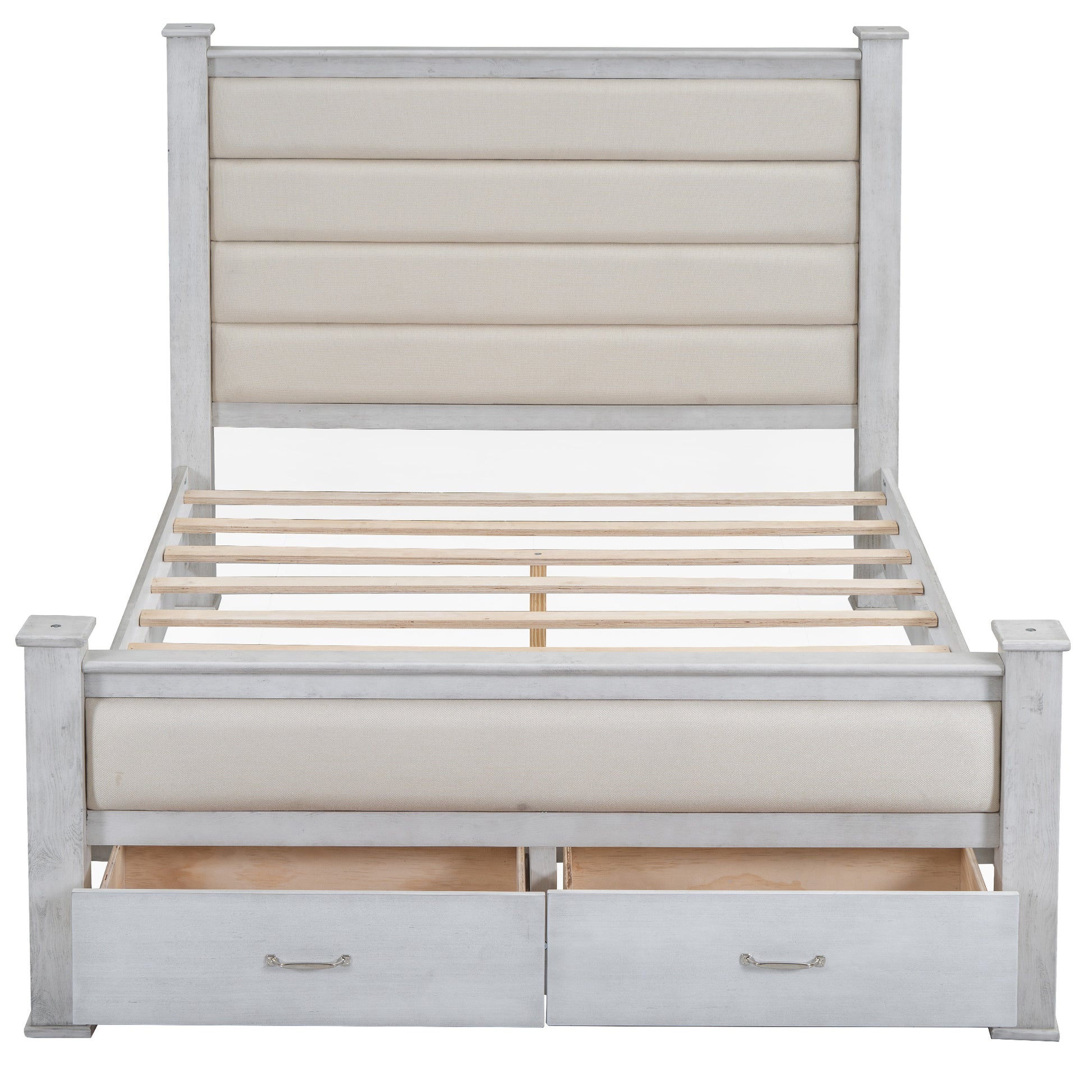 Queen Size Wood Frame Platform Bed With Upholstered Headboard, Footboard And 2 Drawers, Antique White Box Spring Not Required Queen Antique White Wood Bed Frame Solid Wood Mdf