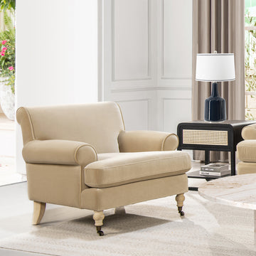 Alana 38" Lawson Accent Arm Chair Metal Casters, Fawn Brown Performance Velvet Brown Foam Velvet