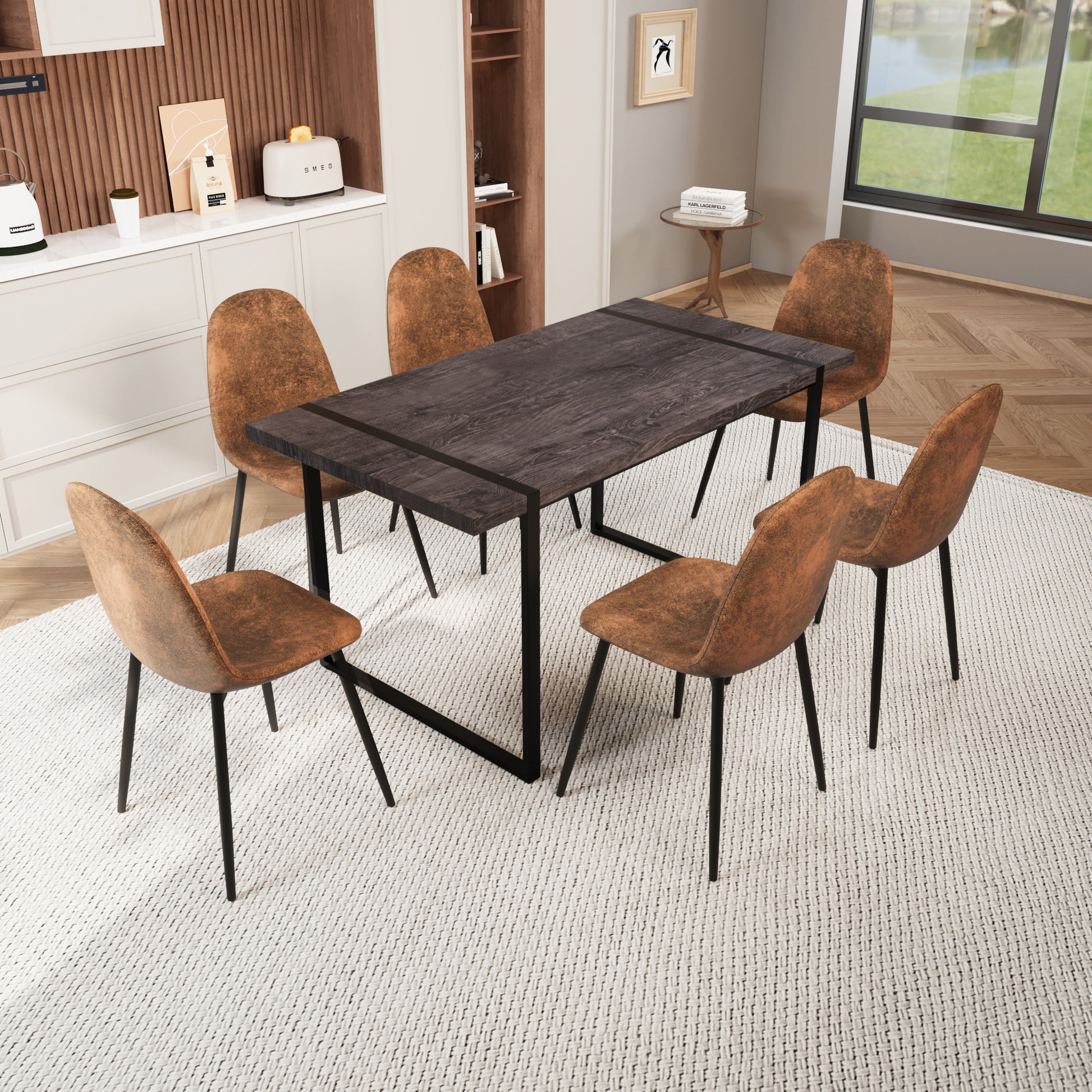 Mdf Black Wooden Dining Table And Modern Dining Chair Set Of 8 Pieces, Medieval Wooden Kitchen Dining Table Set, Black Metal Base, Dining Table And Suede Chair Set Buy 6 Chairs And Get 2 Free Brown