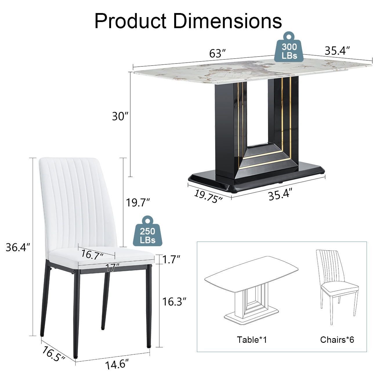 7 Piece Faux Marble Dining Table Set, Glass Rectangular Kitchen Table For 6 8, Modern White Faux Marble Dining Room Table With Mdf Base, Dining Table & 6 Chairs Metal White Rectangular Mdf Glass