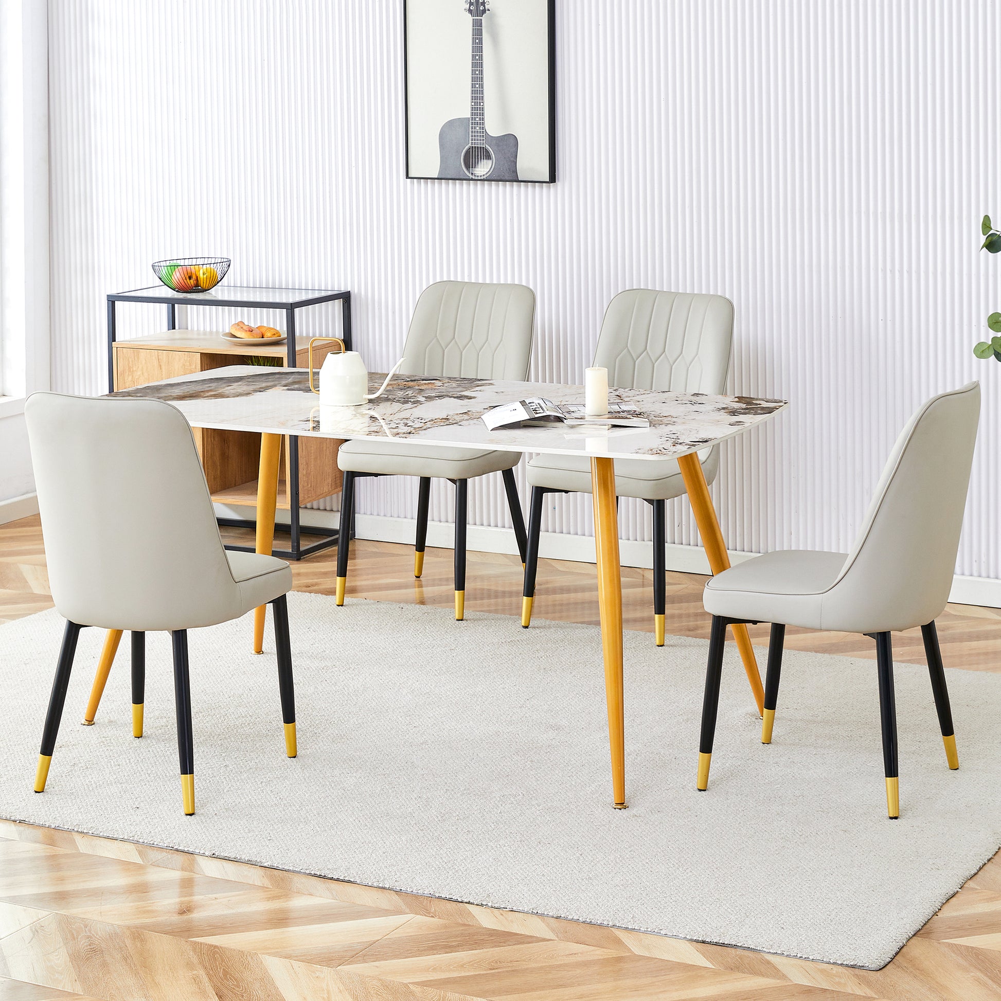 Modern Minimalist Dining Table. White Imitation Marble Pattern Sintered Stone Desktop With Golden Metal Legs.62.2"*34.6"*30" F 001 Gold Sintered Stone