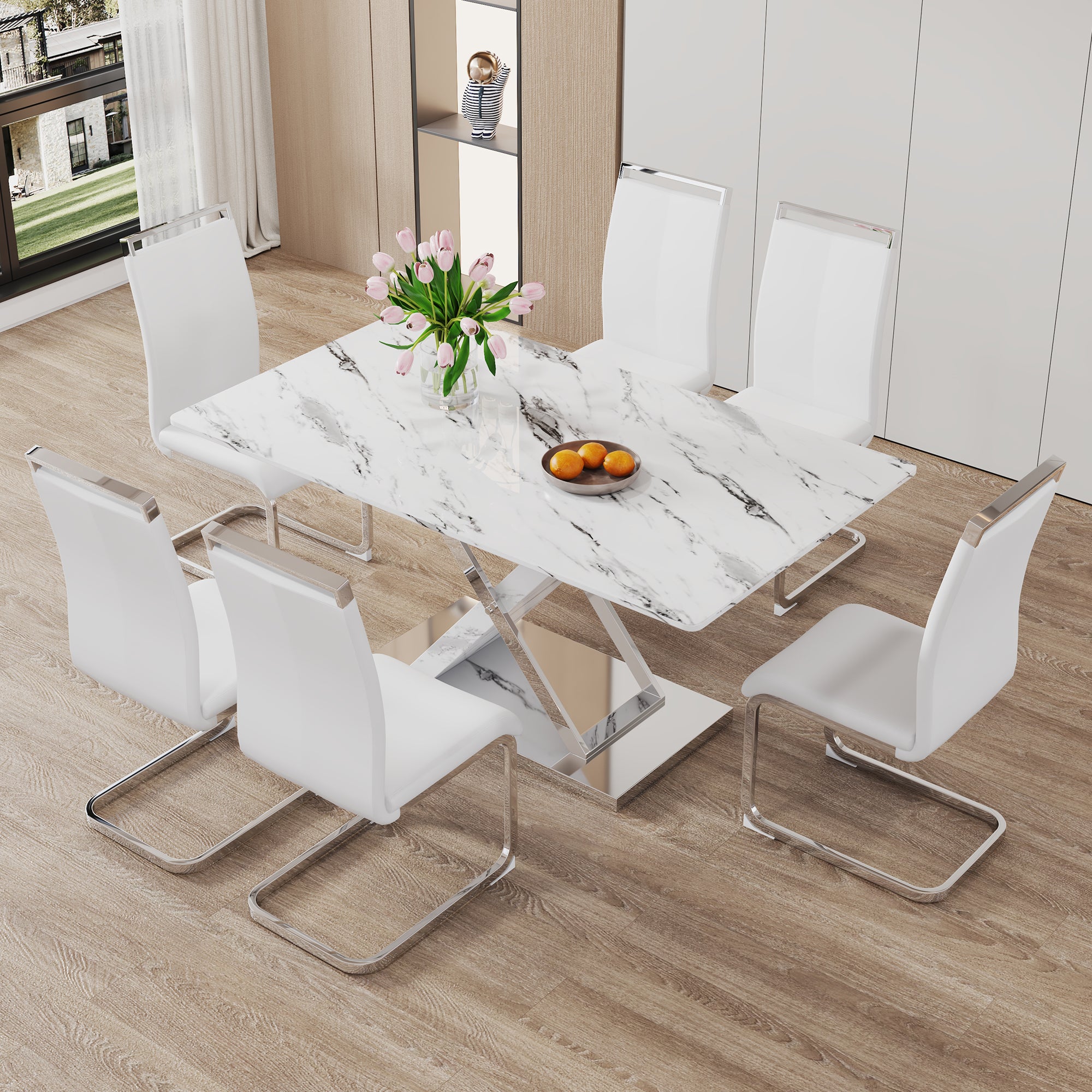 Table And Chair Set, Modern Dining Table, Imitation Marble White Top And Silver Legs, Soft And Comfortable Dining Chair, Perfect For Dinner, Meetings, Home And Office Decor White Silver Glass Metal