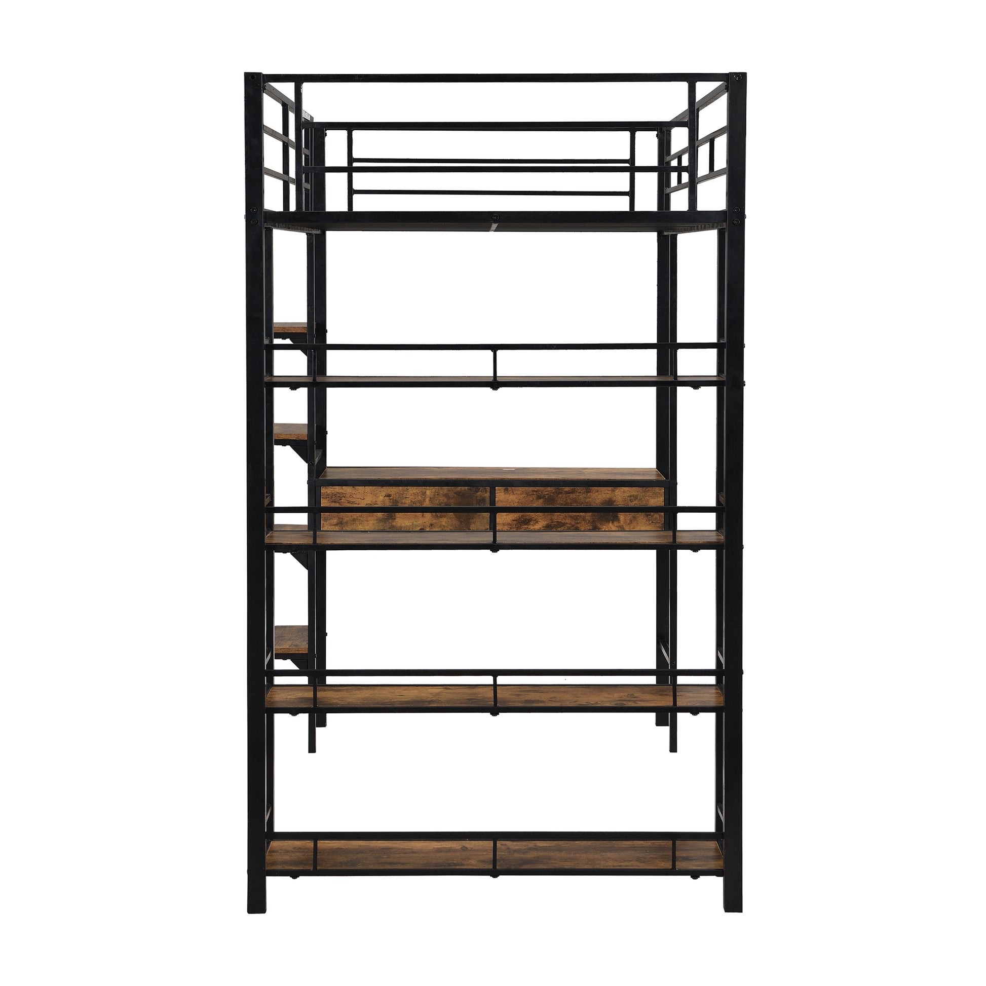 Twin Size Metal Loft Bed With Desk And Shelves, Black Box Spring Not Required Twin Black Metal Solid Wood Mdf