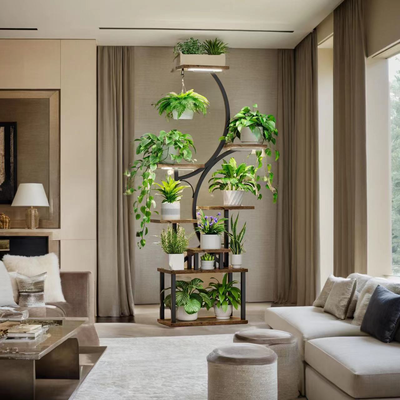 Plant Stand Indoor With Grow Lights, 8 Tiered Indoor Plant Shelf, 61" Tall Plant Stand For Indoor Plants Multiple, Metal Plant Flower Holder Stand, S Shaped Plant Rack For Home, Patio Black Black