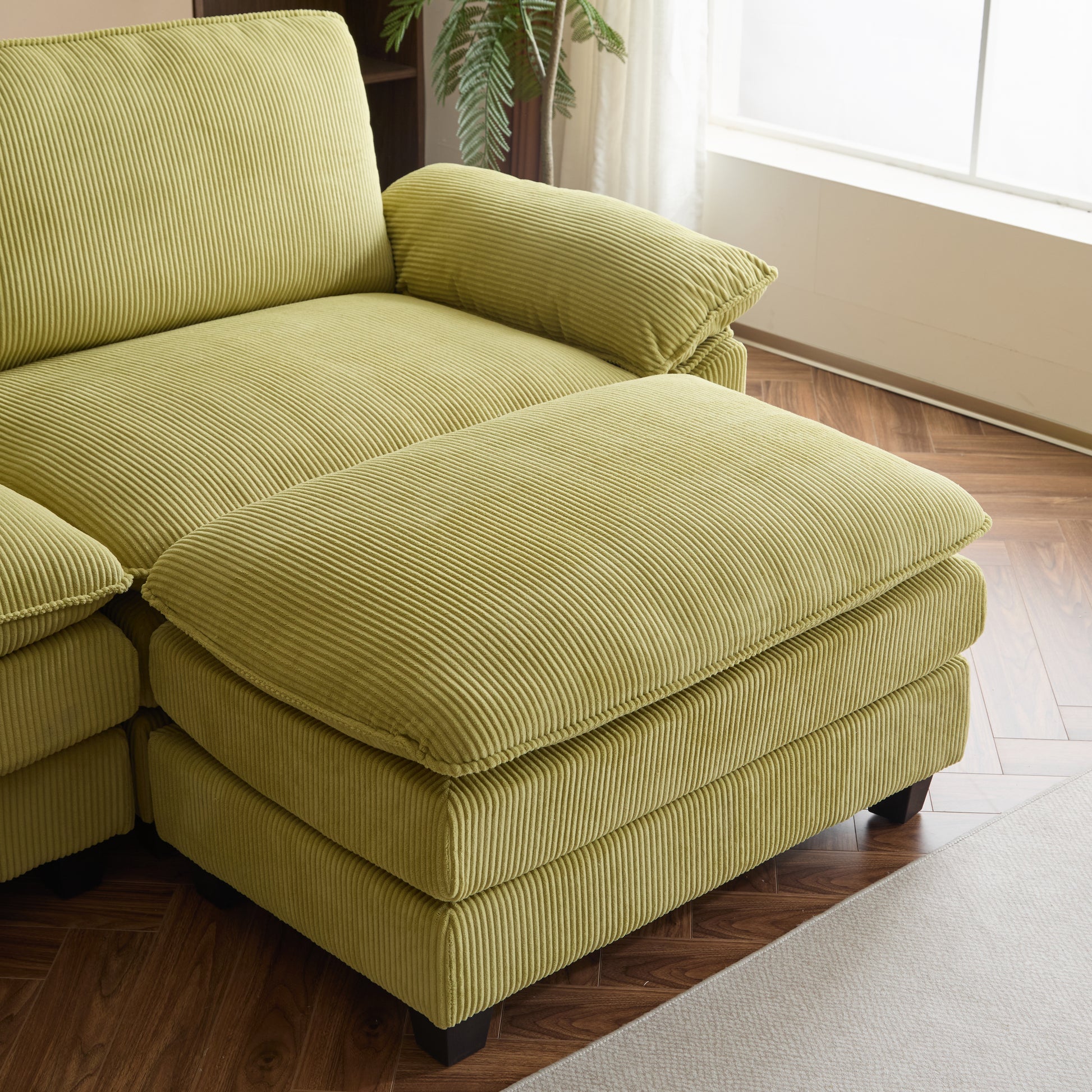 Modular Sectional Sofa With Movable Ottoman,L Shaped Corduroy Fabric Couch With High Supportive & Soft Sponges And Removable Ottoman, Sleeper Comfy Upholstered Furniture For Living Room,Green Green