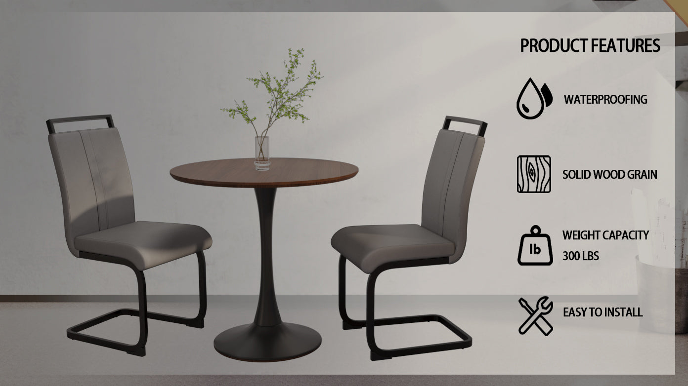 Walnut Circular Dining Table, 31.5 "Tulip Dining Table, Kitchen Dining Table For 2 4 People, Mdf Tabletop And Base, And 2 Gray Pu Black Metal Leg Dining Chairs Set 2 Walnut Mdf