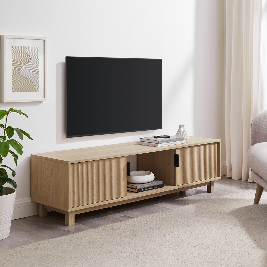 Modern Fluted Door Minimalist Tv Stand For Tvs Up To 65 Inches Coastal Oak Light Brown 60 69 Inches Mdf Mdf