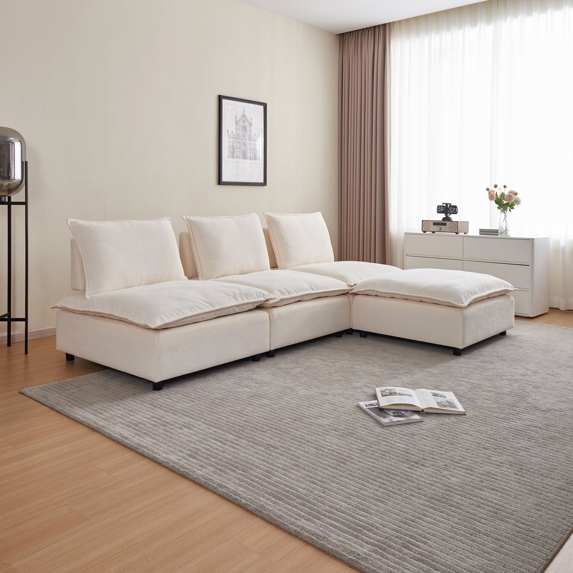 Modern Armless Accent Chair, Single Sofa Couch With Ottoman Compact Design, Space Saving Seating For Living Room, Bedroom, Apartment, Office Beige Wood Medium Soft Foam Chenille 1 Seat
