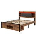 Queen Bed Frame With Upholstered Headboard And Wood Platform,Storage Headboard With Charging Station And Led, Bed Frame With Pet Bed,No Noise, No Box Spring Needed,Easy Assembly,Rustic Brown Box