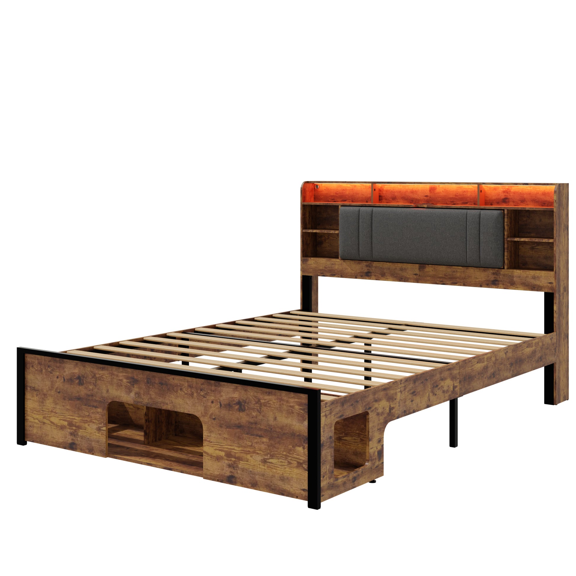 Queen Bed Frame With Upholstered Headboard And Wood Platform,Storage Headboard With Charging Station And Led, Bed Frame With Pet Bed,No Noise, No Box Spring Needed,Easy Assembly,Rustic Brown Box