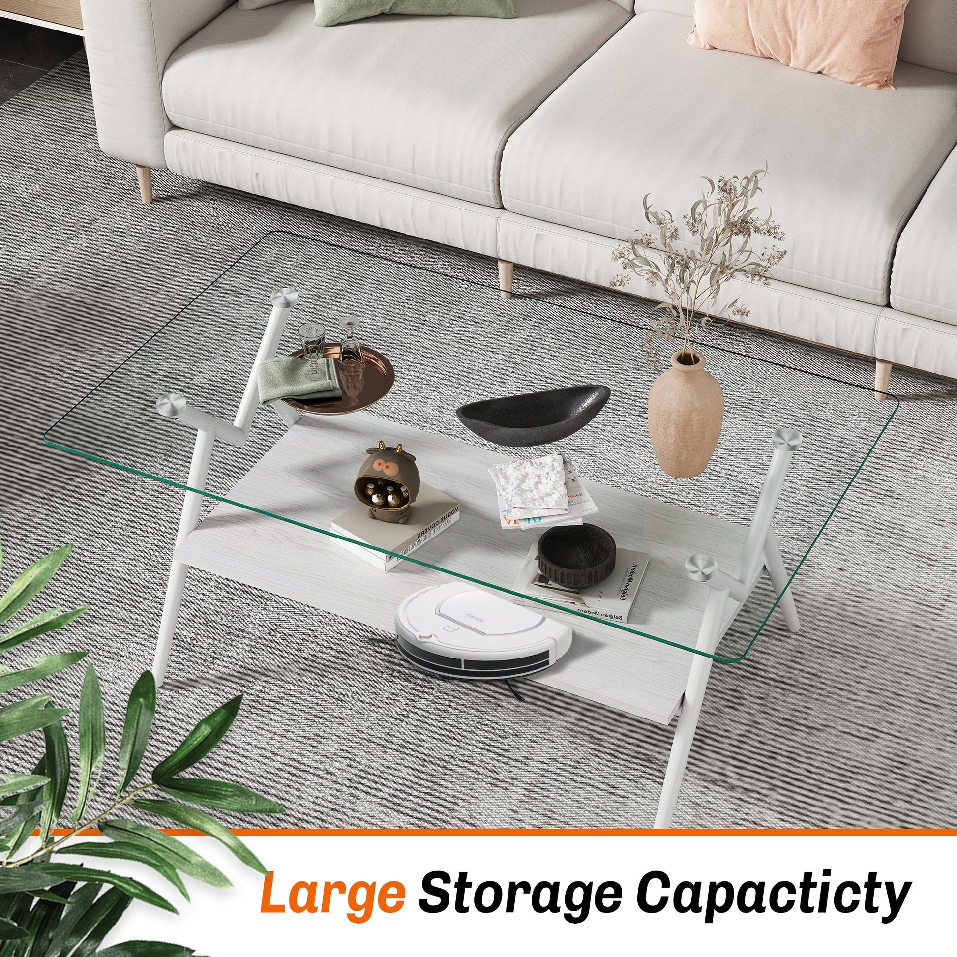 Rectangle Coffee Table With Tempered Glass Top And White Metal Legs, Modern Table For Living Roomtransparent Glass Transparent Tempered Glass