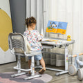 Qaba Kids Desk And Chair Set, Height Adjustable School Study Table And Chair, Student Writing Desk With Tilt Desktop, Led Light, Pen Box, Drawer, Reading Board, Cup Holder, And Pen Slots, Grey Grey