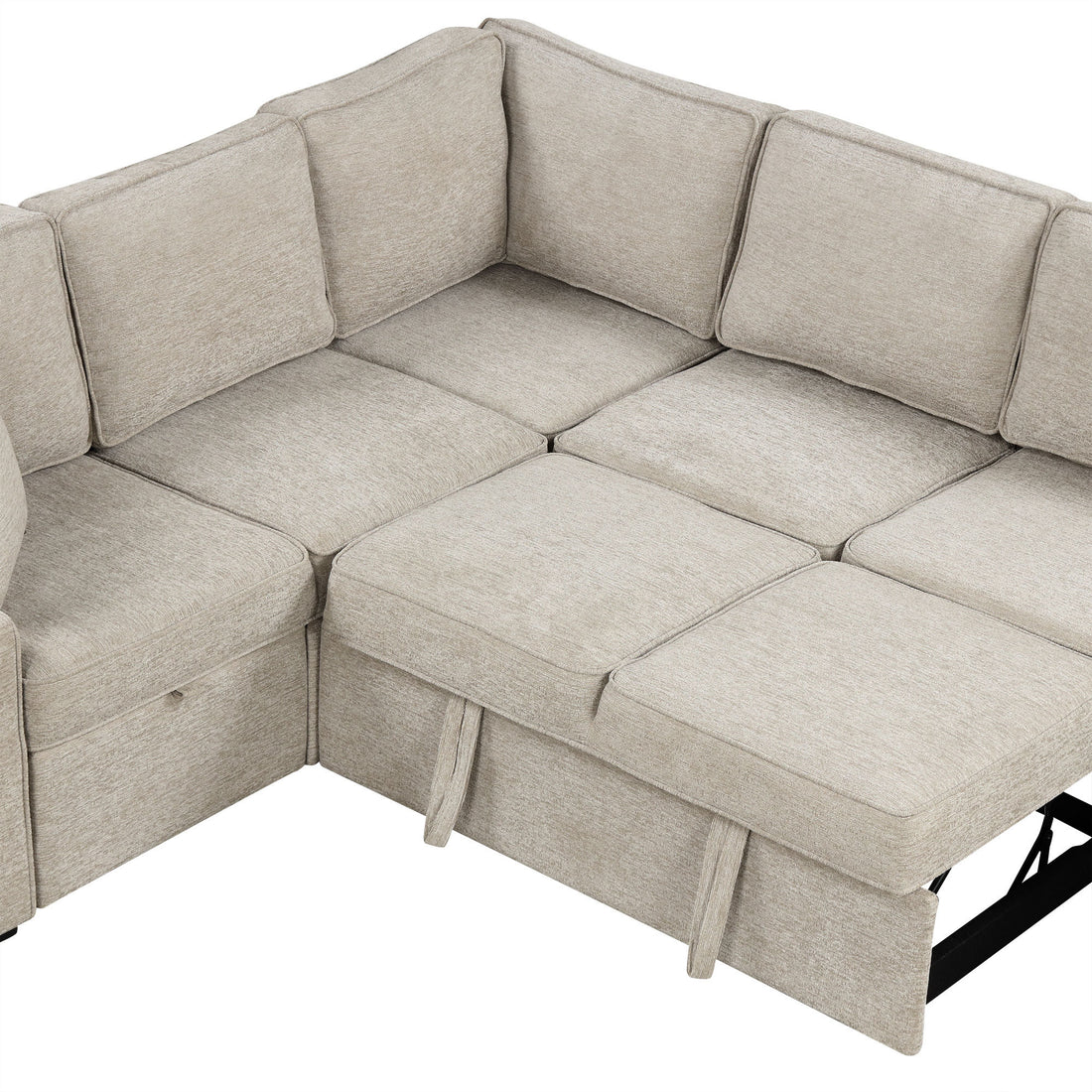 126" L Shaped Sofa Sectional Sofa Couch Pull Out Sofa Bed With Charging Devices And Cup Holders For Living Room, Beige Beige Foam Chenille 6 Seat