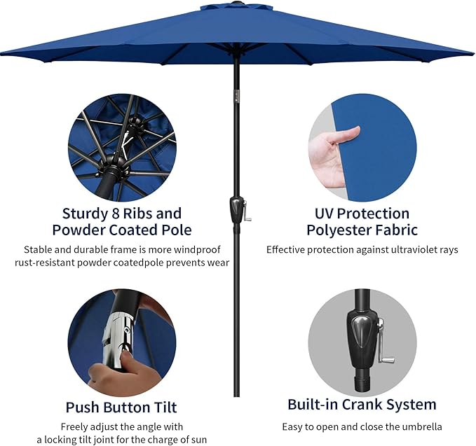 Outdoor Market Table Patio Umbrella With Button Tilt, Crank And 8 Sturdy Ribs For Garden, Deck, Lawn, Backyard & Pool Blue Stainless Steel