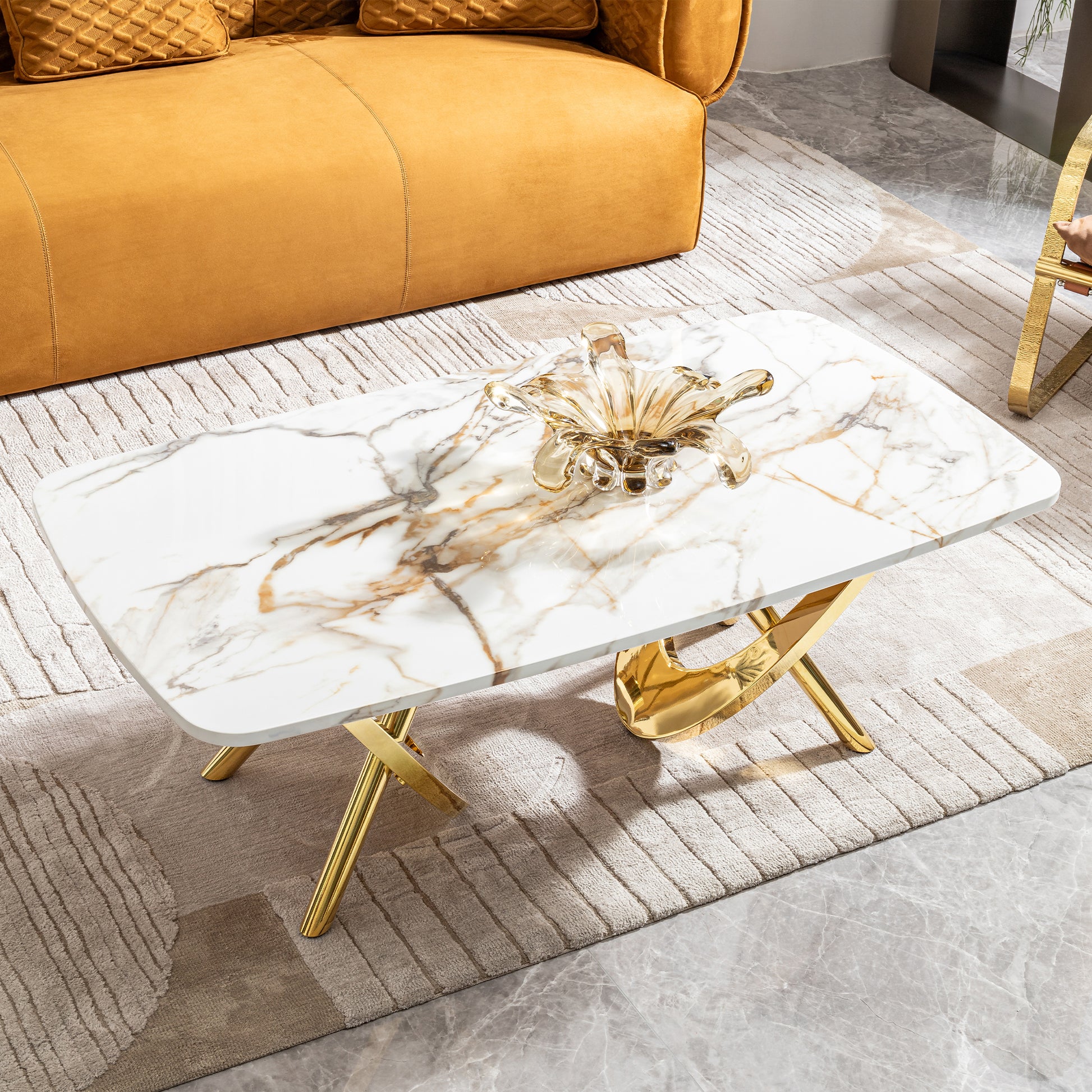 Gold Stainless Steel Marble Pattern Coffee Table 50.78" L X 27.16" W X 18.11" H For Living Room & Office Gold Modern Coffee & End Tables Rectangular Stainless Steel