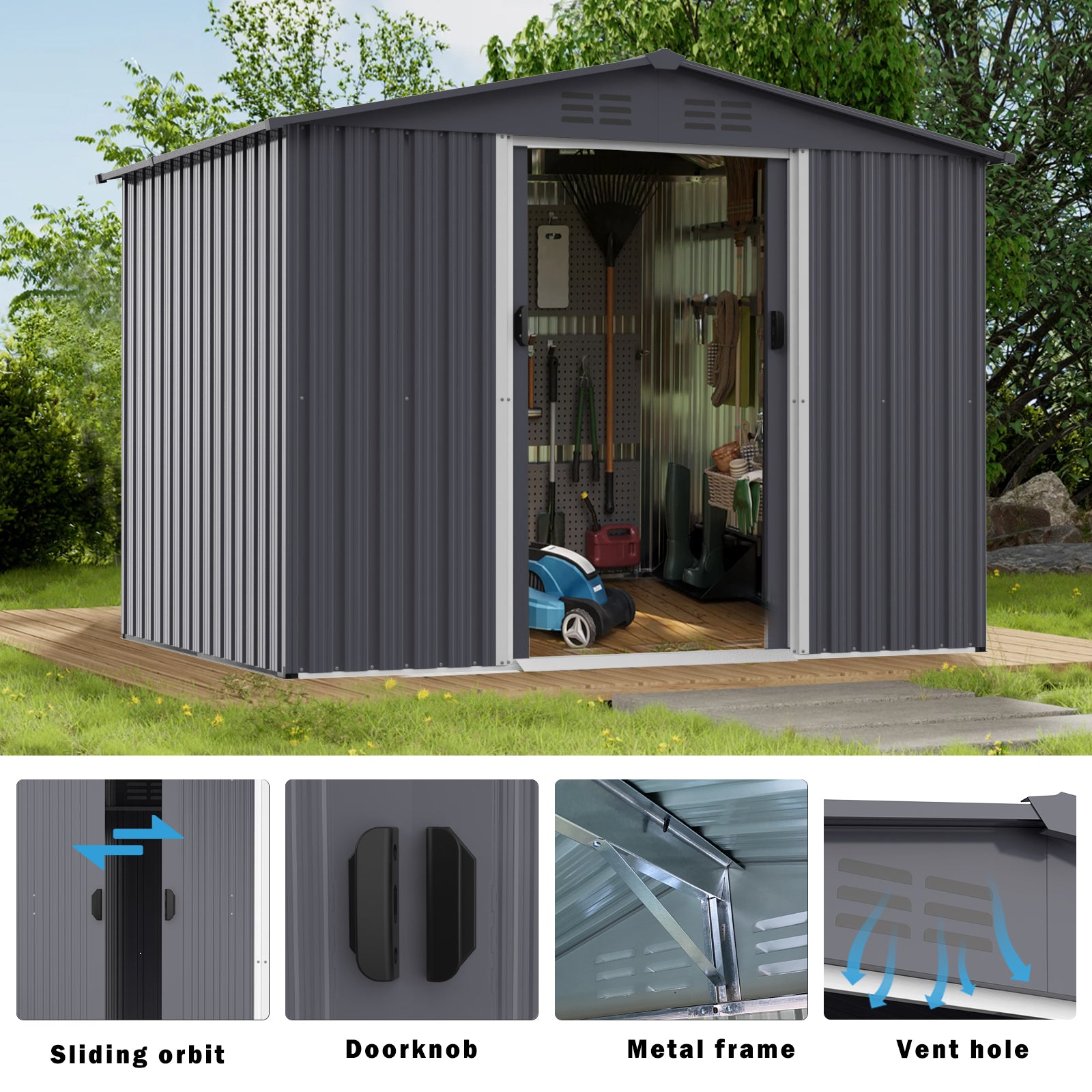 Outdoor Storage Shed 8 X 6 Ft Large Metal Tool Sheds, Heavy Duty Storage House With Sliding Doors With Air Vent For Backyard Patio Lawn To Store Bikes, Tools, Lawnmowers Dark Grey Dark Grey