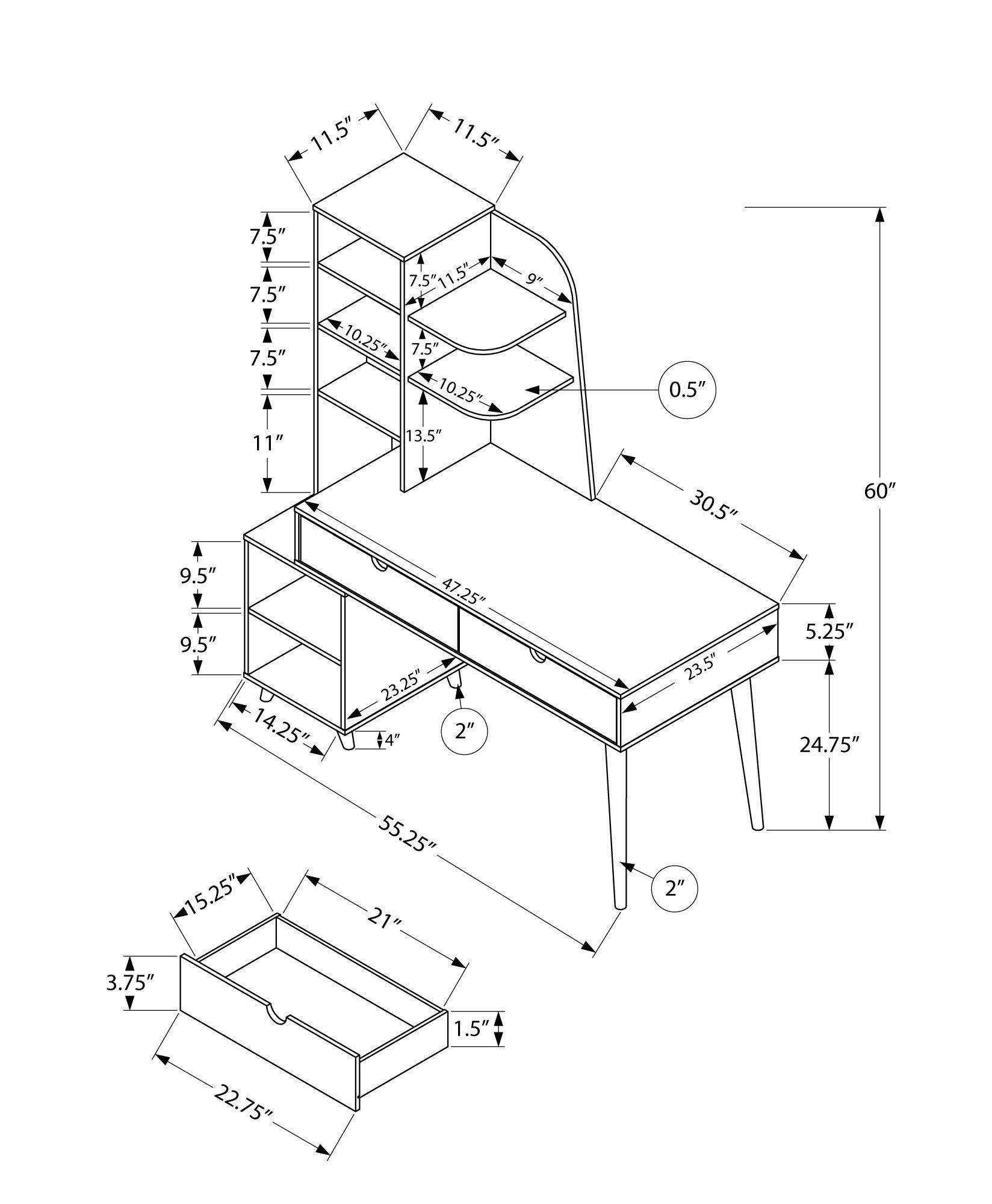 Computer Desk, Home Office, Laptop, Storage Drawers, 55"L, Work, Brown Laminate, Solid Wood Legs, Transitional Espresso Particle Board