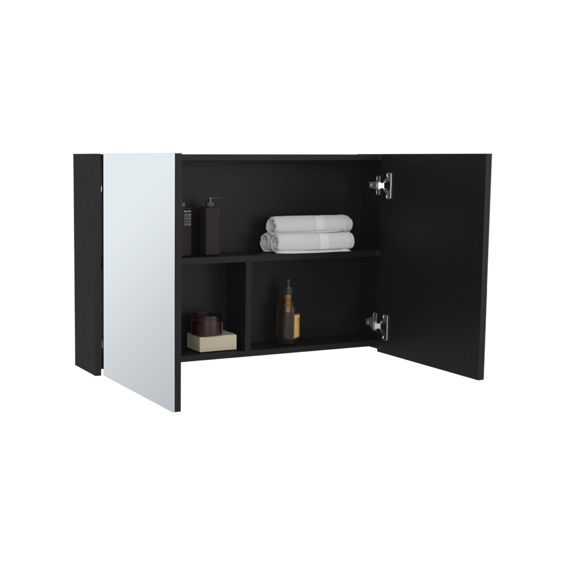 Bouti 19.7" H X 31.5" W Double Door Mirror Medicine Cabinet, Three Interior Shelves For Bathroom, Kitchen Black Black Particle Board