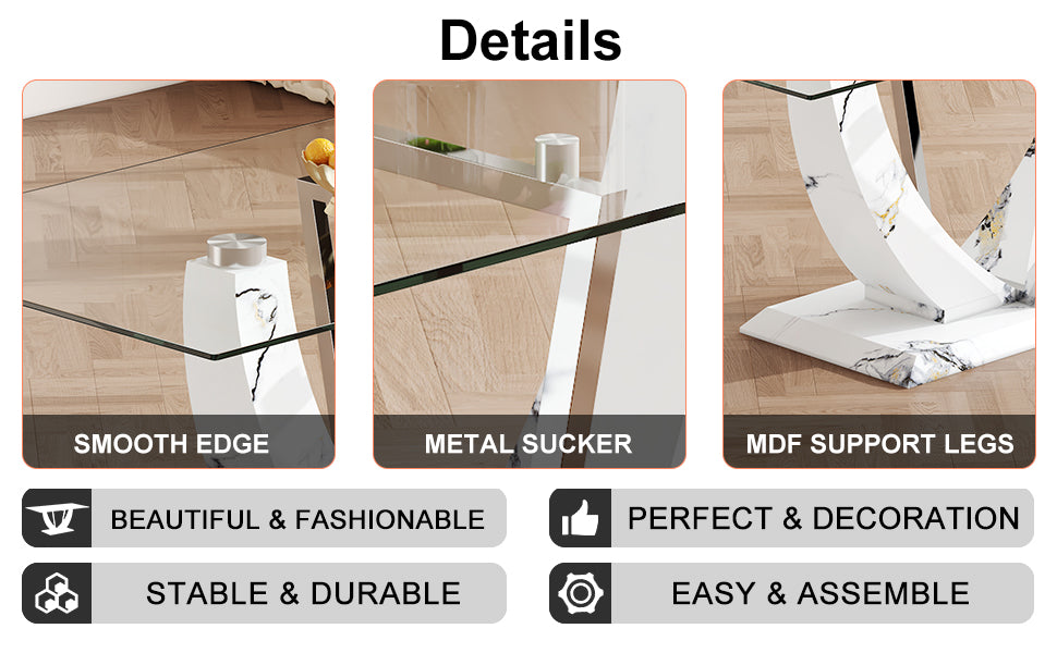 Table And Chair Set, Large Modern Rectangular Glass Table, Can Accommodate 6 8 People, Equipped With A 0.39 Inch Tempered Glass Tabletop And Mdf Table Legs.Paired With Comfortable And Soft Chairs.