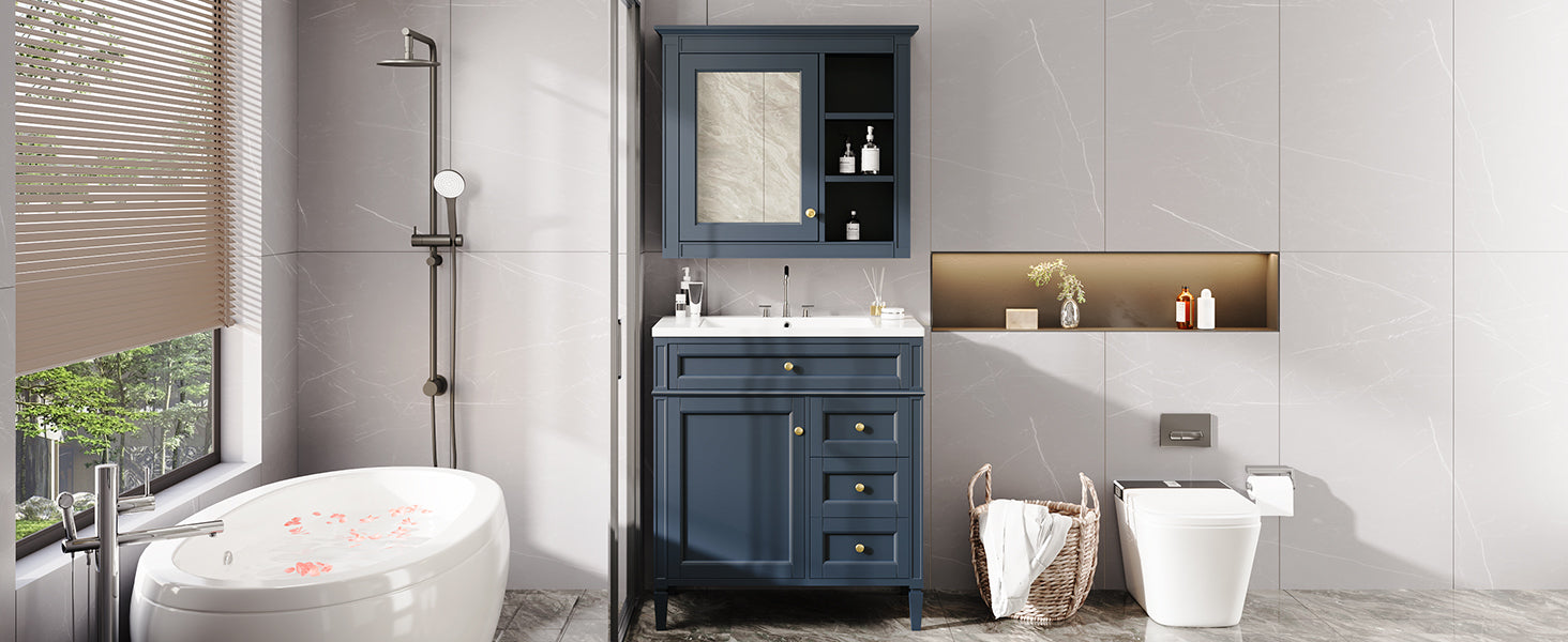 30'' Bathroom Vanity With Top Sink, Modern Bathroom Storage Cabinet With 2 Drawers And A Tip Out Drawer, Freestanding Vanity Set With Mirror Cabinet, Single Sink Bathroom Vanity 3 Blue 2 Mirror Included Bathroom Wall Mounted Modern Solid Wood Painted