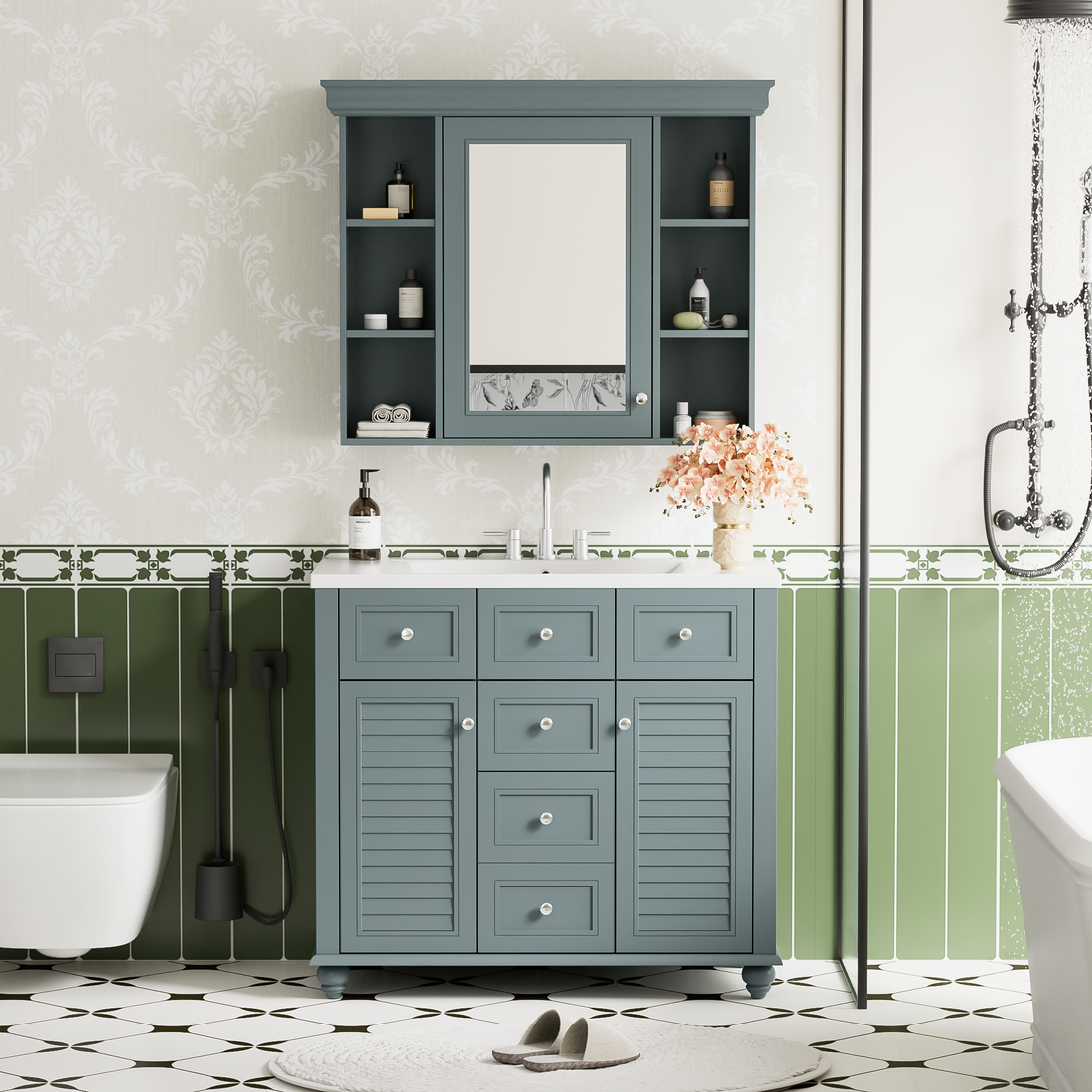 36'' Bathroom Vanity With Medicine Cabinet, Modern Mirror Cabinet With Adjustable Shelf, Bathroom Storage Cabinet With 2 Soft Closing Doors And 2 Drawers, Bathroom Vanity With Cabinet Door Organizers 2 Blue 2 Bathroom Freestanding French Country Solid