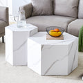 Modern Minimalist Style Hexagonal White Marble Patterned Mdf Coffee Table Set Two Piece Set .Complex Texture Patterns, Style And Texture Coffee Table To Redefine Your Interior Decoration. White Mdf