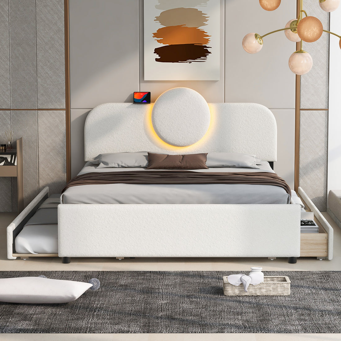 Queen Size Upholstered Platform Bed With Multi Functional Headboard, Trundle And 2 Drawers, White Box Spring Not Required Queen White Wood Bedroom Upholstered