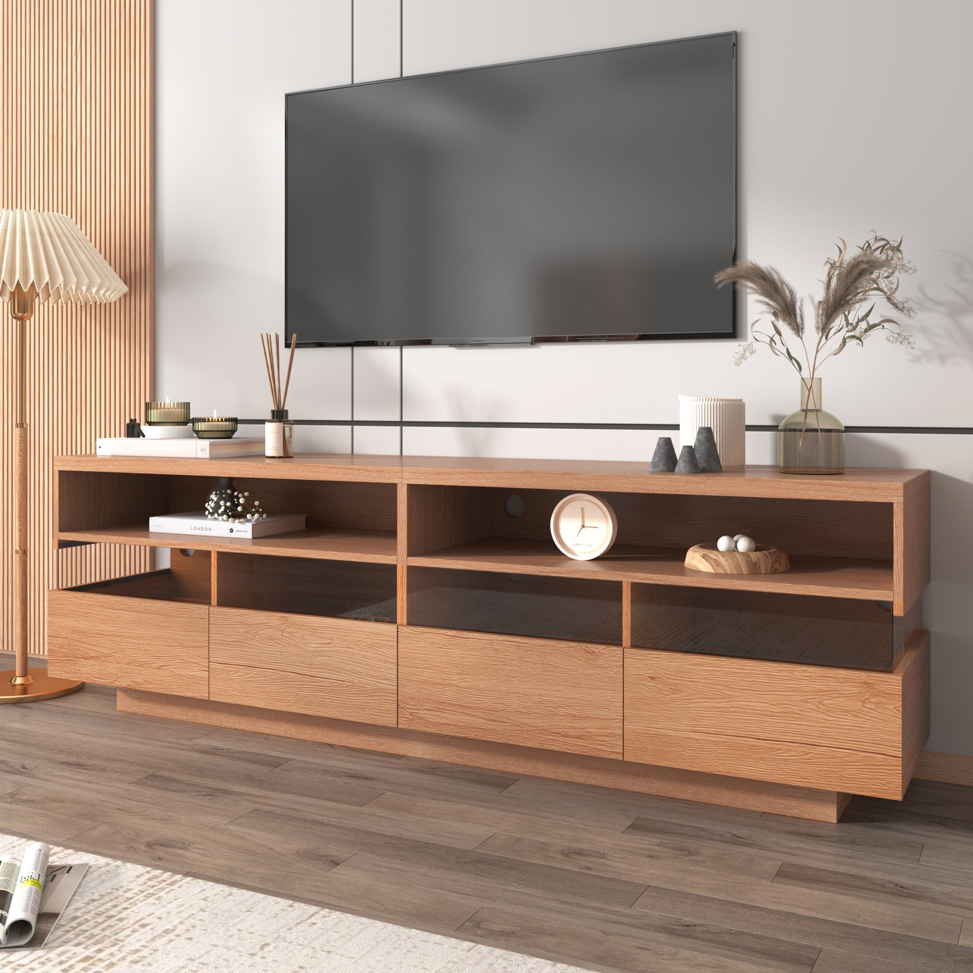 Modern Tv With 4 Drawers& 2 Open Cabinets, Media Console Table For Tvs Up To 75'', Entertainment Center With Acrylic Transparent Storage Space For Living Room, Bedroom, Home Theatre Wood Red Primary Living Space 70 Inches 60 69 Inches 70 Inches Particle