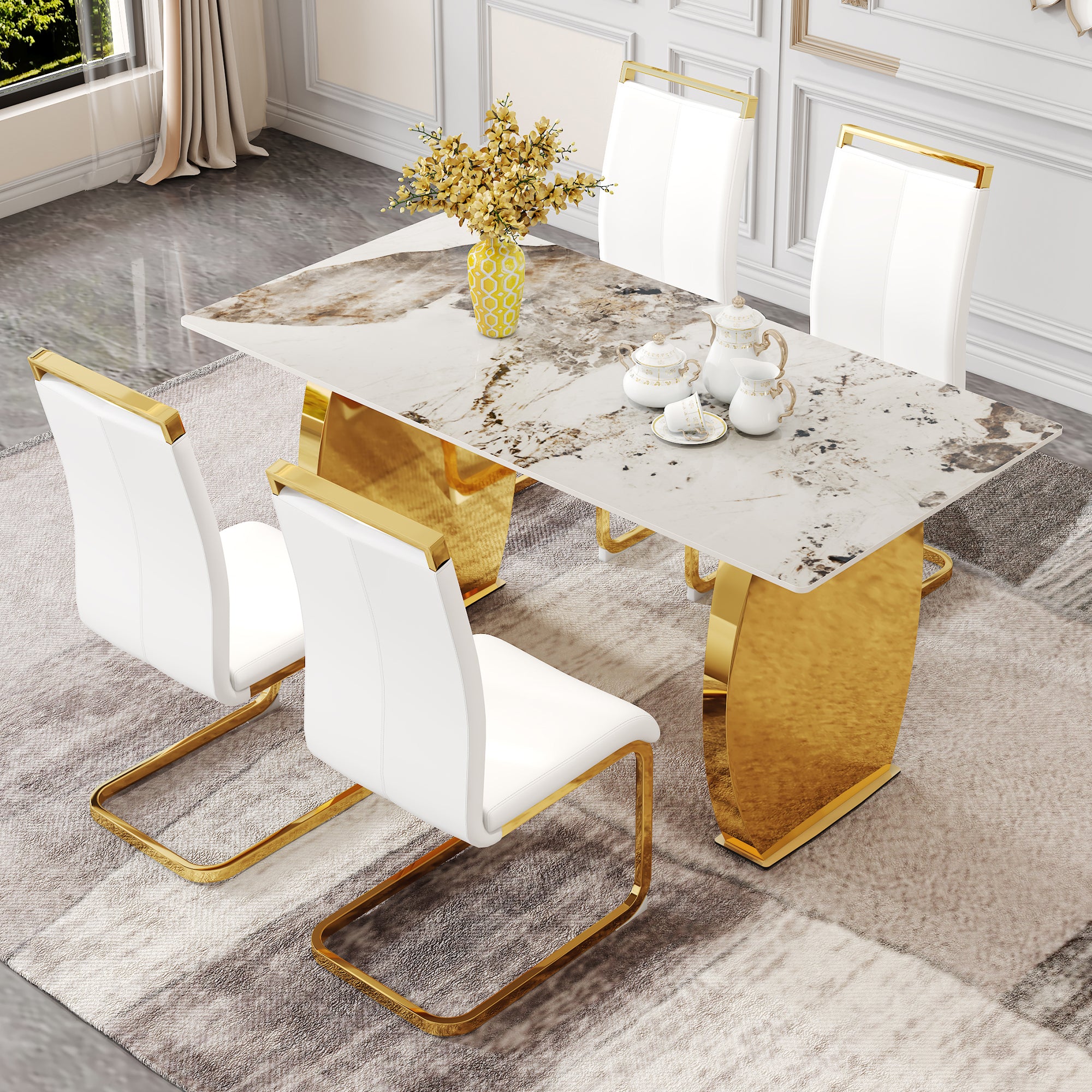 Table And Chair Set, Rock Plate Table Top, Gold Metal Table Legs, Stable And Beautiful, Suitable For Most Home Styles. Modern Simple Dining Table, Comfortable Seating. White Gold Seats 4 Sintered Stone