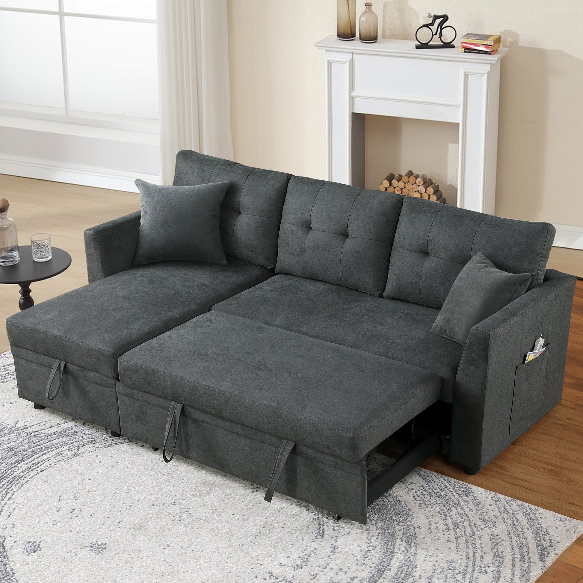 Sectional Sofa Bed L Shaped Sofa Couch Bed With Usb Port, Reversible Sofa Couch Sleeper With Pull Out Bed, Chaise With Storage, Pull Out Couch For Living Room Gray Velvet 3 Seat