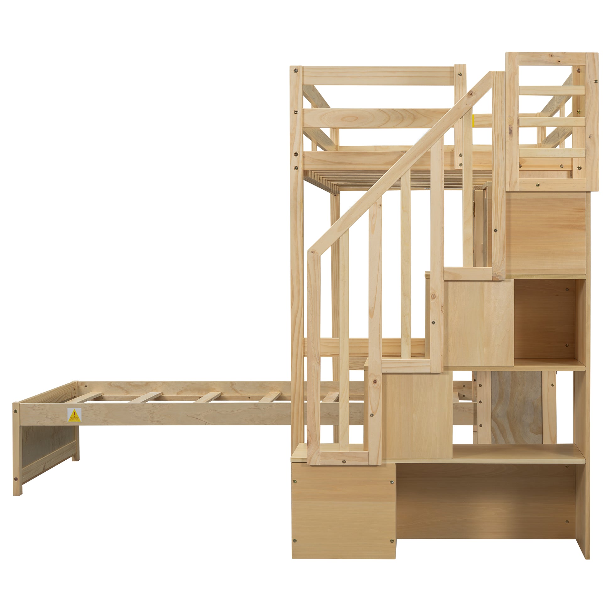 Twin Over Twin Loft Bed With Built In Desk And Staircase, With Storage Compartments And Shelves, Natural Twin Box Spring Not Required Natural Wood Pine