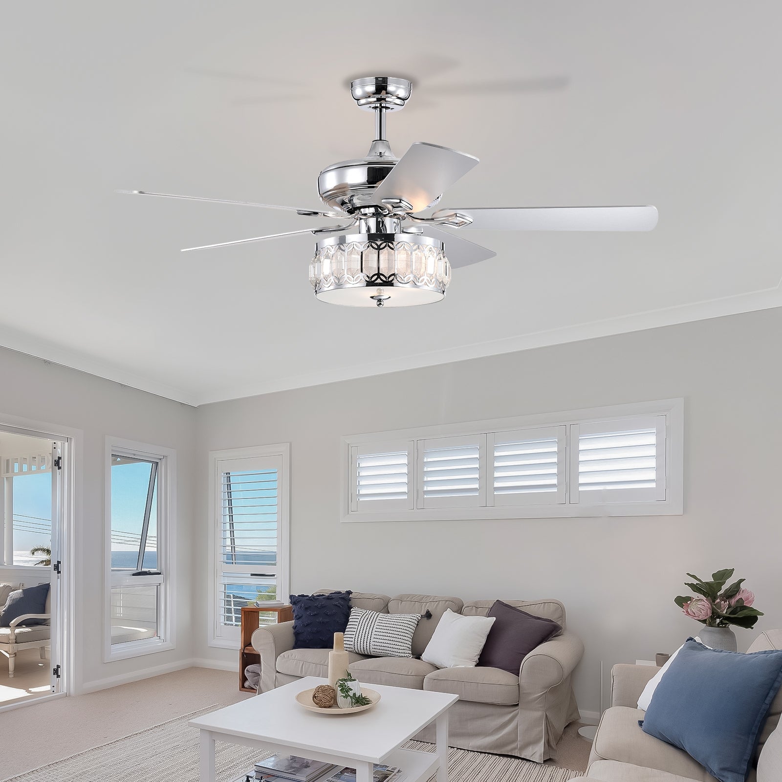 52" 3 Light Chrome Ceiling Fan Remote, Traditional Farmhouse Rustic Industrial Bohemian Country Cottage Transitional Glam For Home, Kitchen, Living Room Chrome American Design,American Traditional,Classic,Contemporary,Farmhouse Plywood Metal