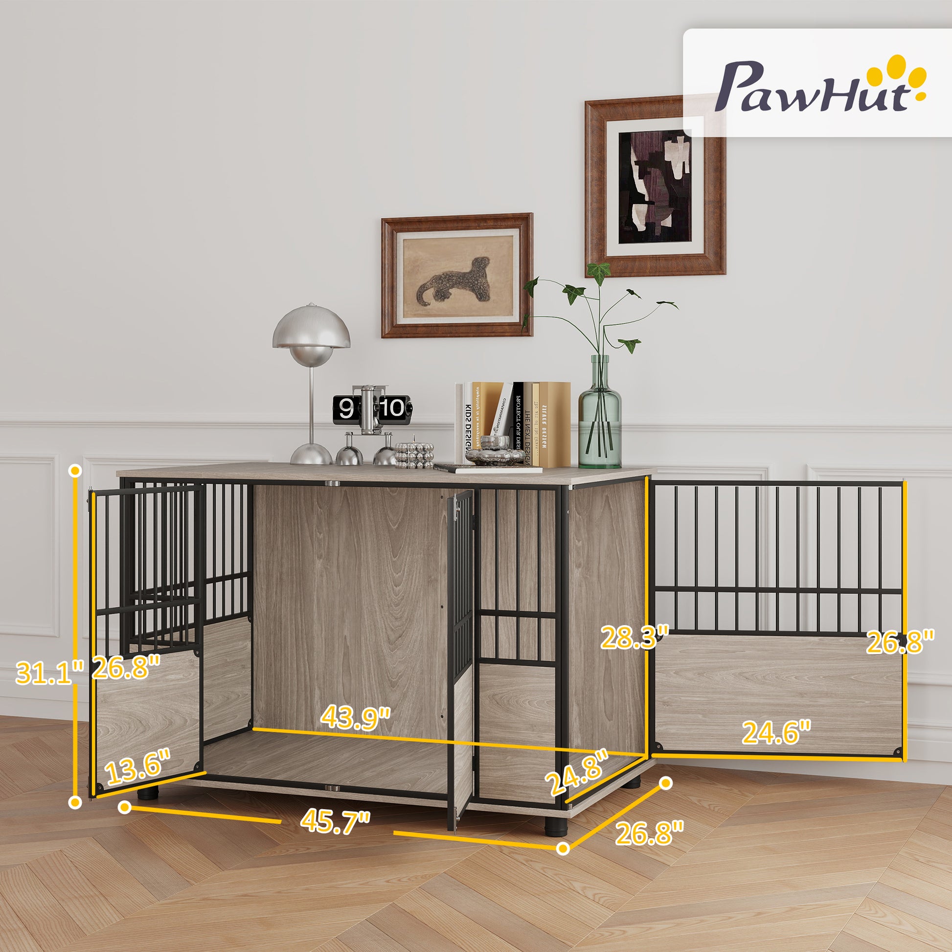 Pawhut Dog Crate Furniture, Decorative Dog Kennel Indoor End Table With Double Doors, Multi Purpose Pet Crate For Small To Large Dogs Up To 88 Lb, 46"L, Walnut Wood Finish Espresso Particle Board