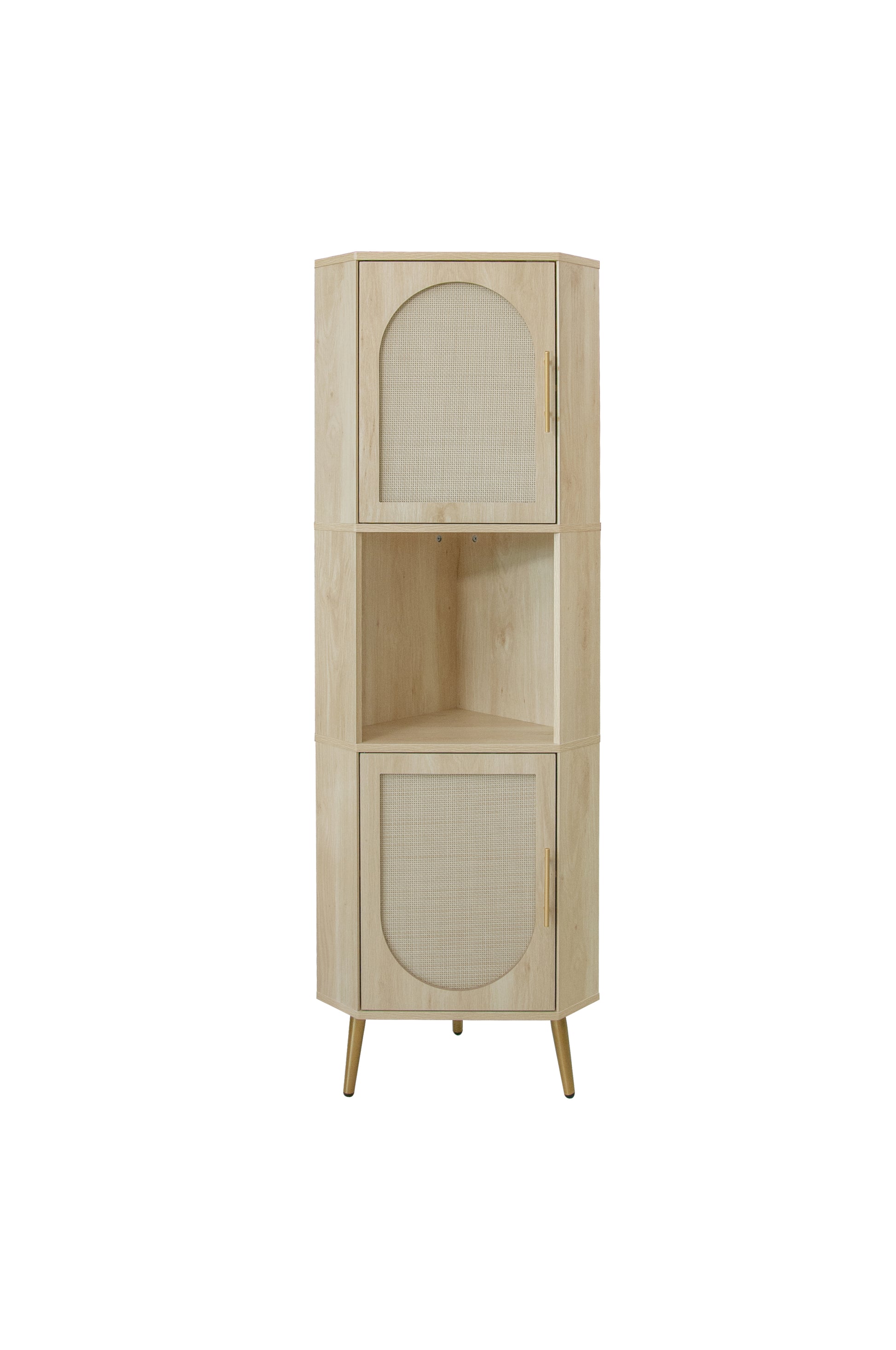 Corner Cabinet ,Rattan Door,Freestanding Corner Tables For Small Spaces, Corner Shelf Stand For Living Room, Kitchen, Bathroom, Bedroom Natural Mdf