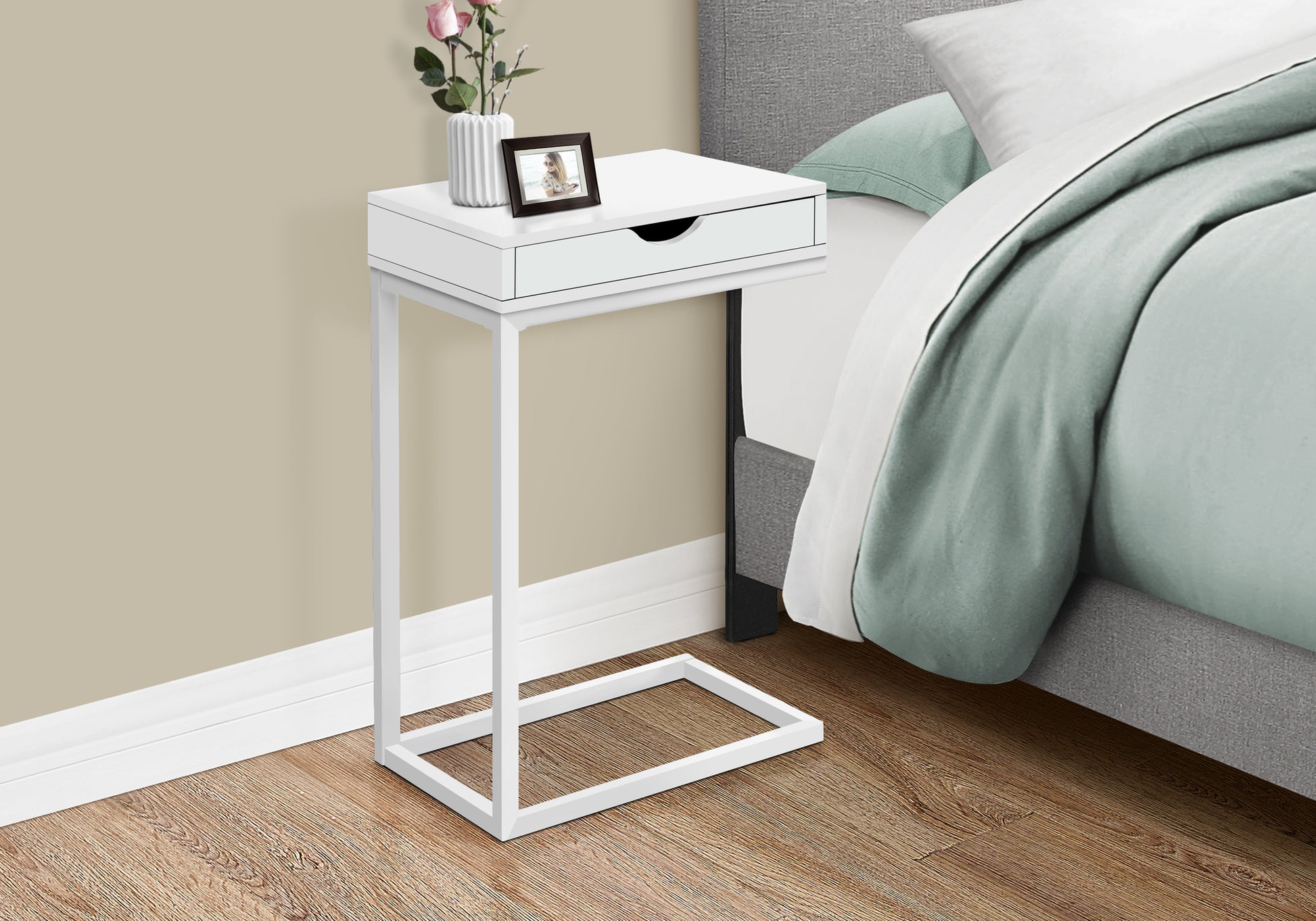 Accent Table, C Shaped, End, Side, Snack, Storage Drawer, Living Room, Bedroom, White Laminate, White Metal, Contemporary, Modern White Metal