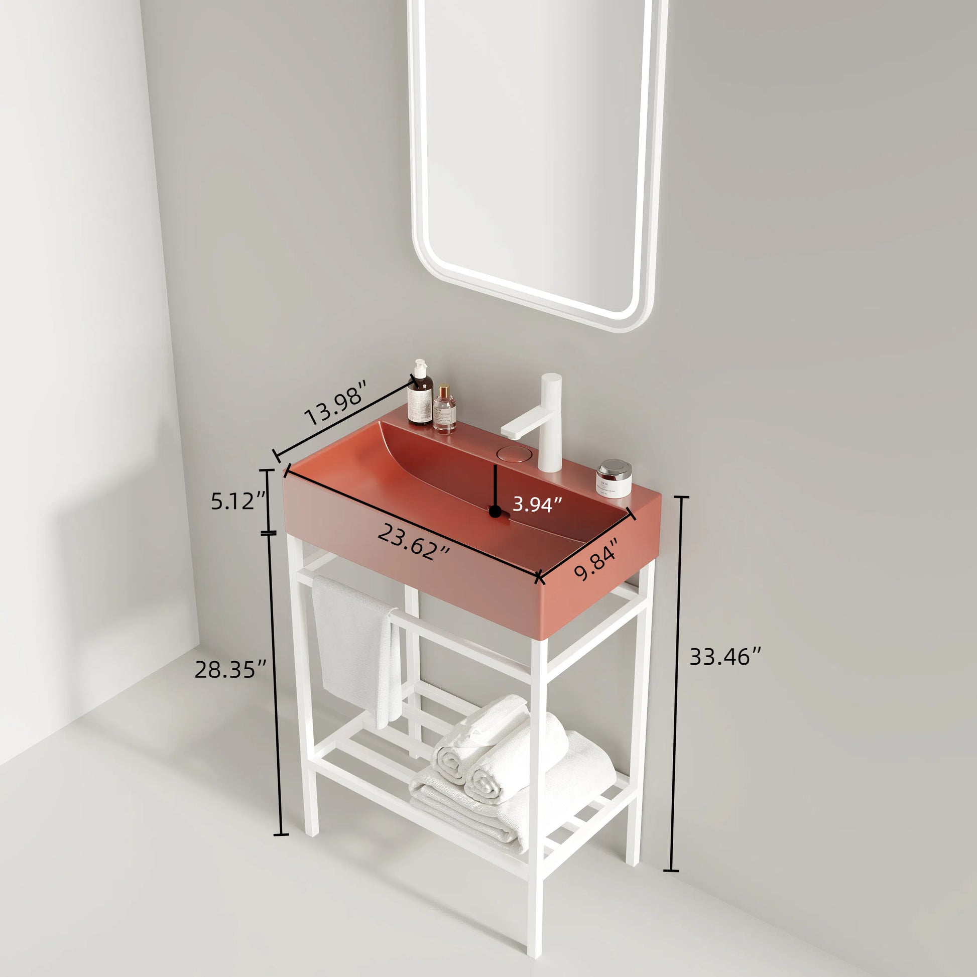 Lofi 24" Bathroom Vanity With Ceramic Basin, Freestanding Bathroom Console Sink Set, Glossy Red Rectangular Ceramic Basin Without Faucet, Open Metal Leg, Storage Shelves, White White Red Bathroom