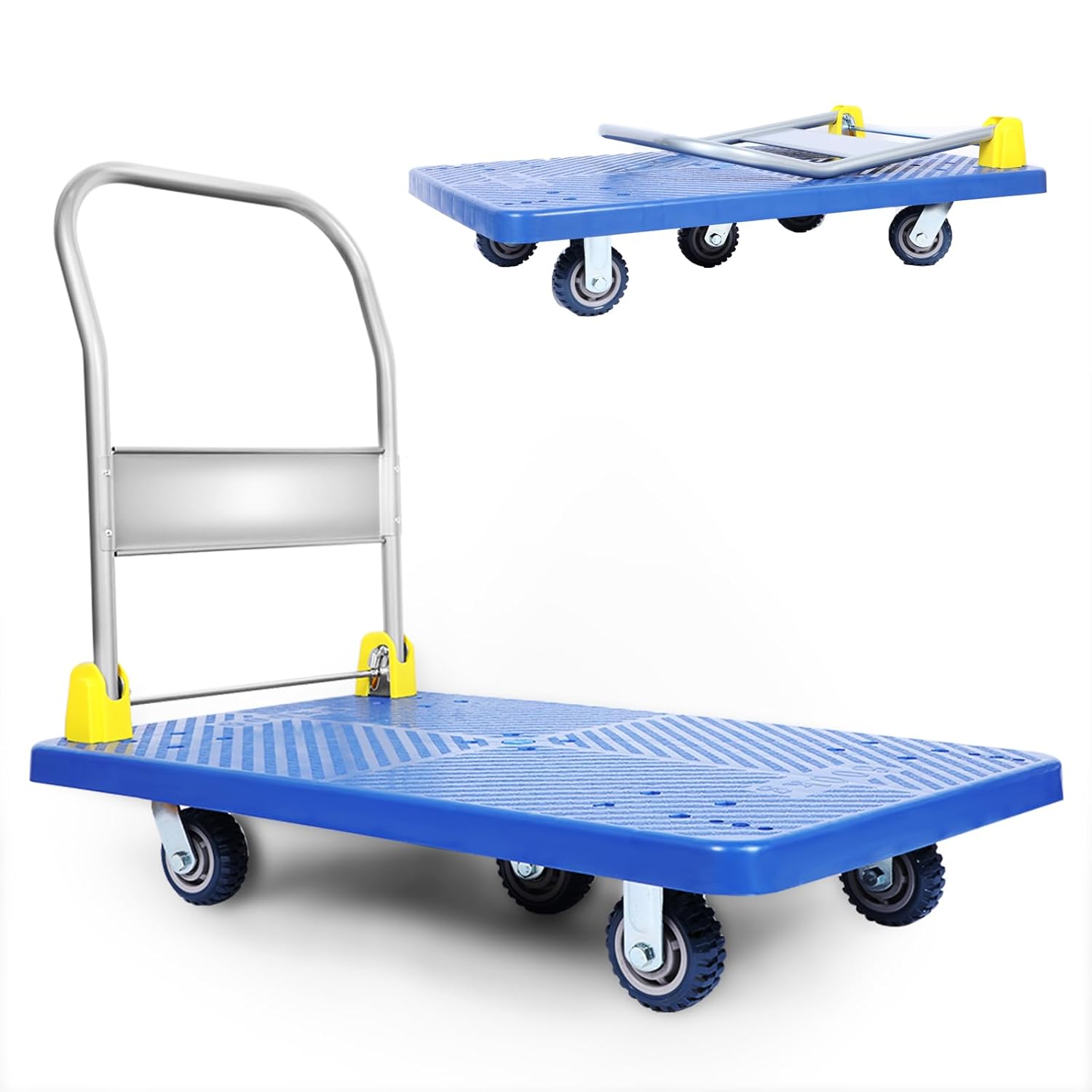 Platform Truck With 1320Lb Weight Capacity And 360 Degree Swivel Wheels, Foldable Push Hand Cart For Loading And Storage, Blue Blue Steel