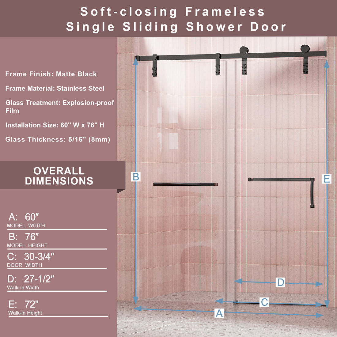 60" W X 76" H Frameless Soft Closing Shower Door, Single Sliding Shower Door, 5 16" 8Mm Clear Tempered Glass With Explosion Proof Film, Stainless Steel Hardware, Matte Black 24D211 60Mb Combo 1 Matte Black Tempered Glass