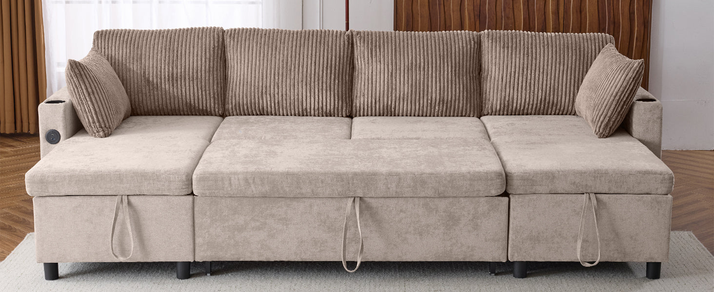 111.8" Sectional Sofa Pull Out Sofa Bed Versatile Sofa Sleeper With Large Storage Space, Two Usb Ports And Two Cup Holders For Living Room, Brown Brown Foam Chenille 4 Seat