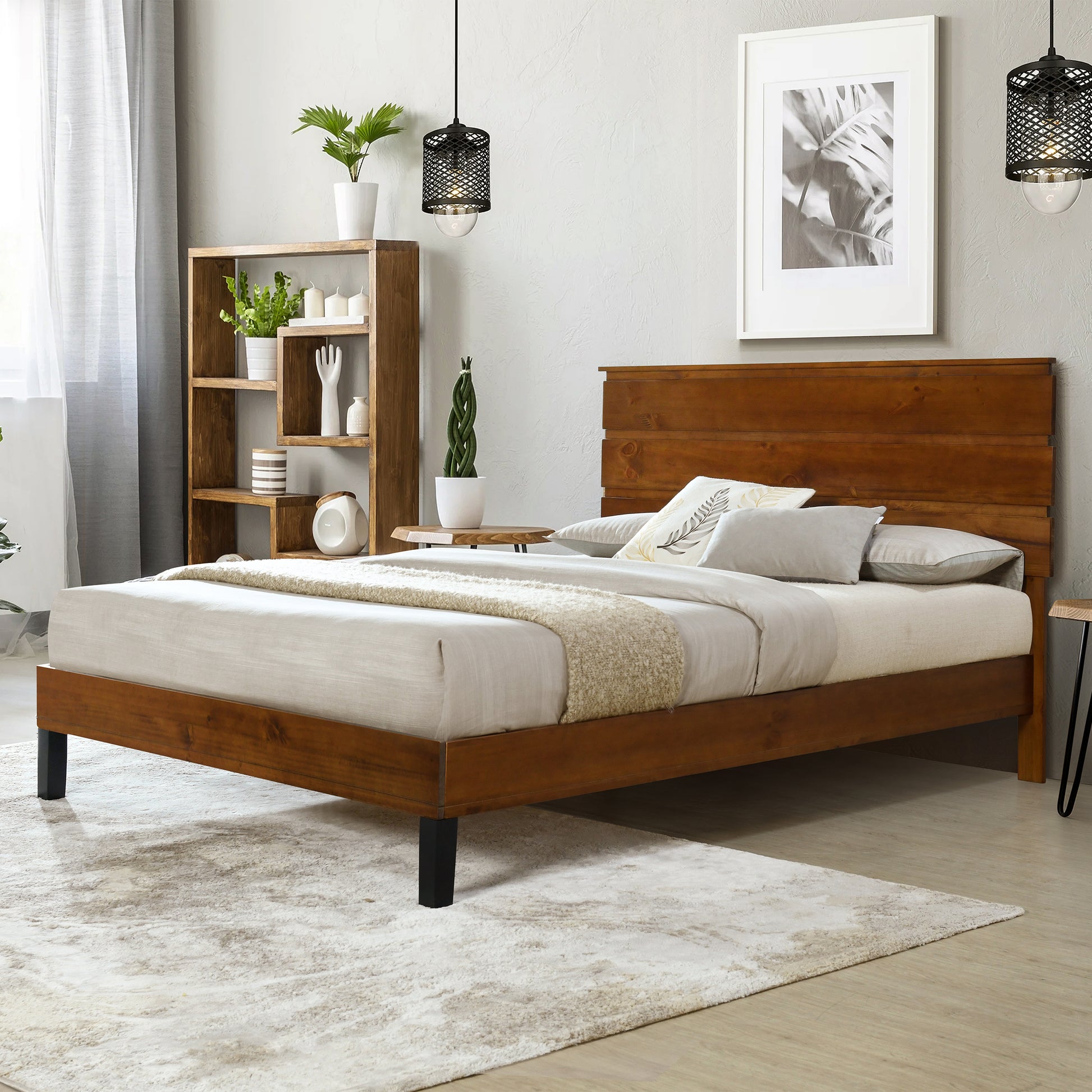 Mid Century Modern Solid Wood Bed Frame King Size Platform Bed With Three Piece Headboard Design, No Box Spring Needed, Brown King Brown Pine