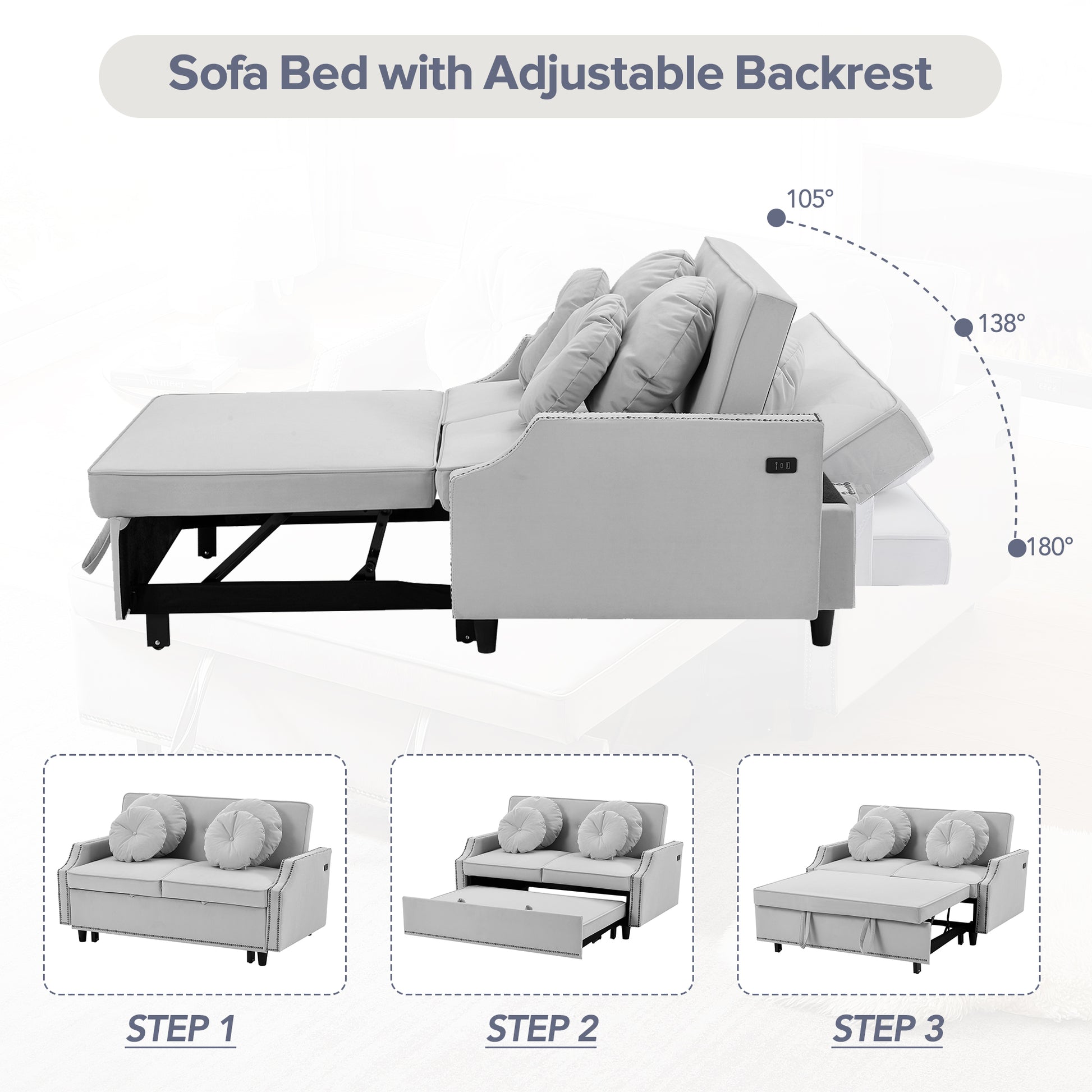 54.7" Multiple Adjustable Positions Sofa Bed Stylish Sofa Bed With A Button Tufted Backrest, Two Usb Ports And Four Floral Lumbar Pillows For Living Room, Bedroom,Or Small Space, Light Grey Light Grey Foam Polyester 2 Seat